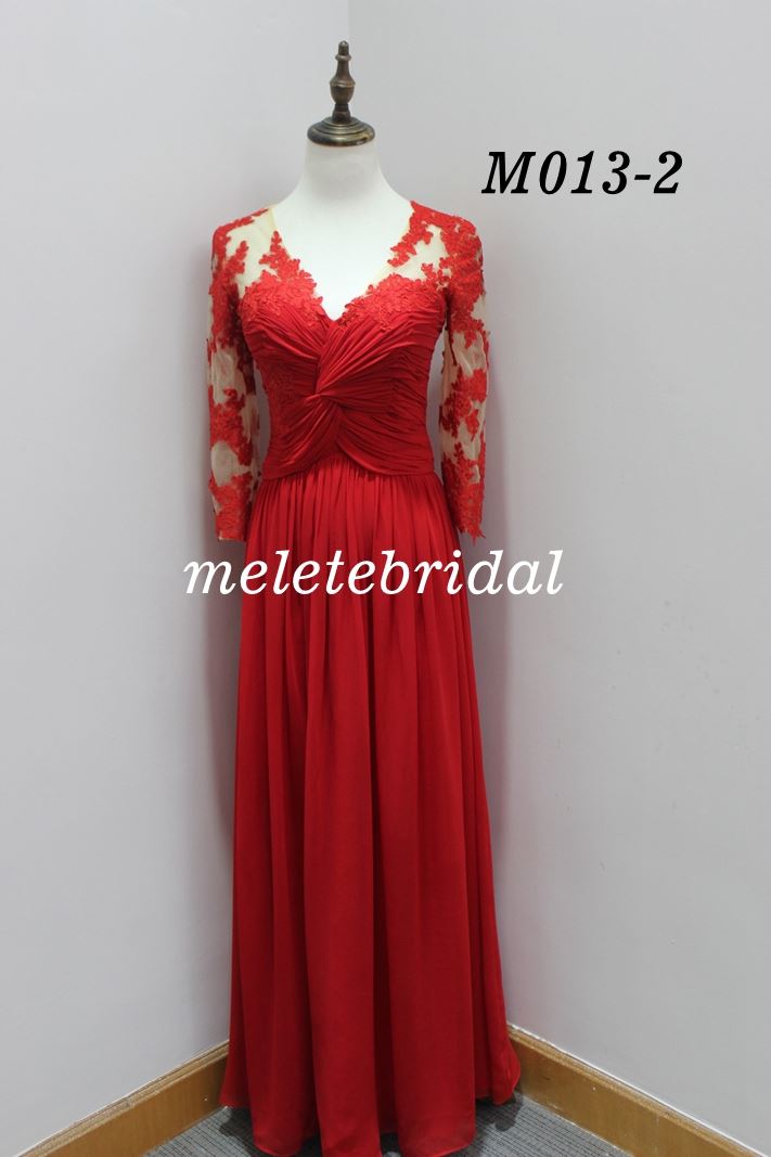 Rose red color lace details long sleeves evening dress