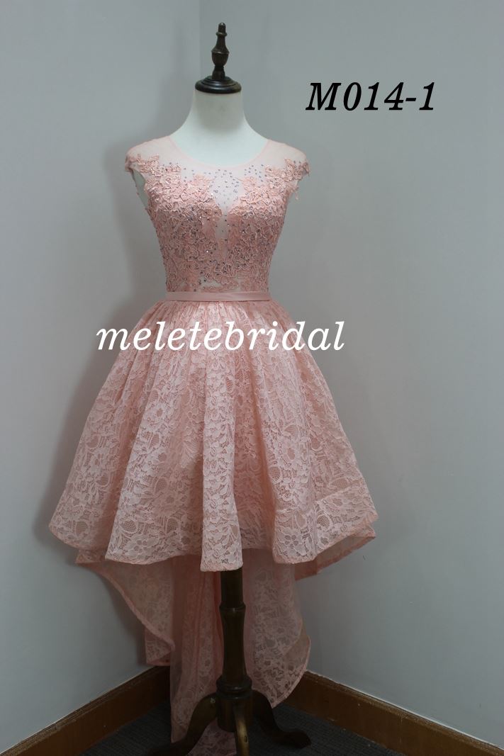 Pink color cap sleeves cocktail dress with lace and beading details