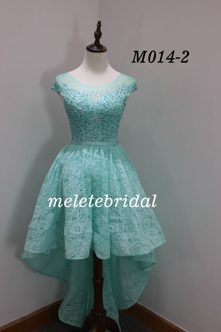 mint color cap sleeves cocktail dress with lace and beading details