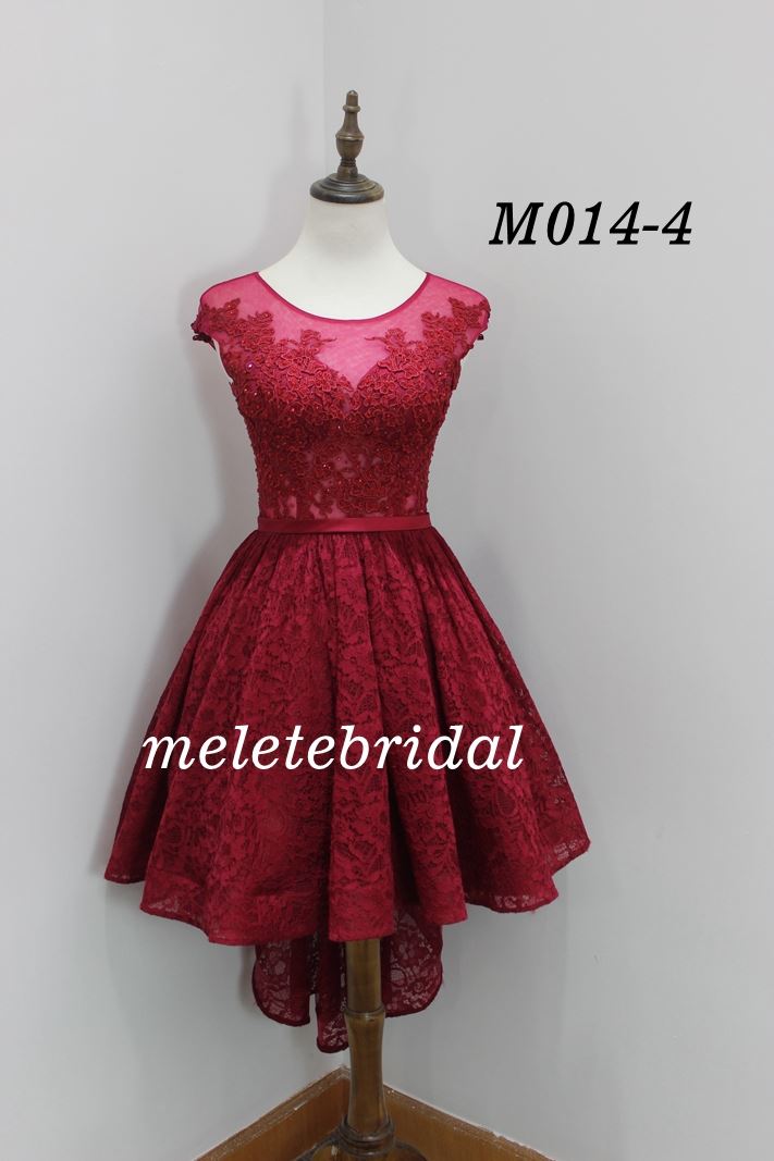 Red rose color cap sleeves cocktail dress with lace and beading details