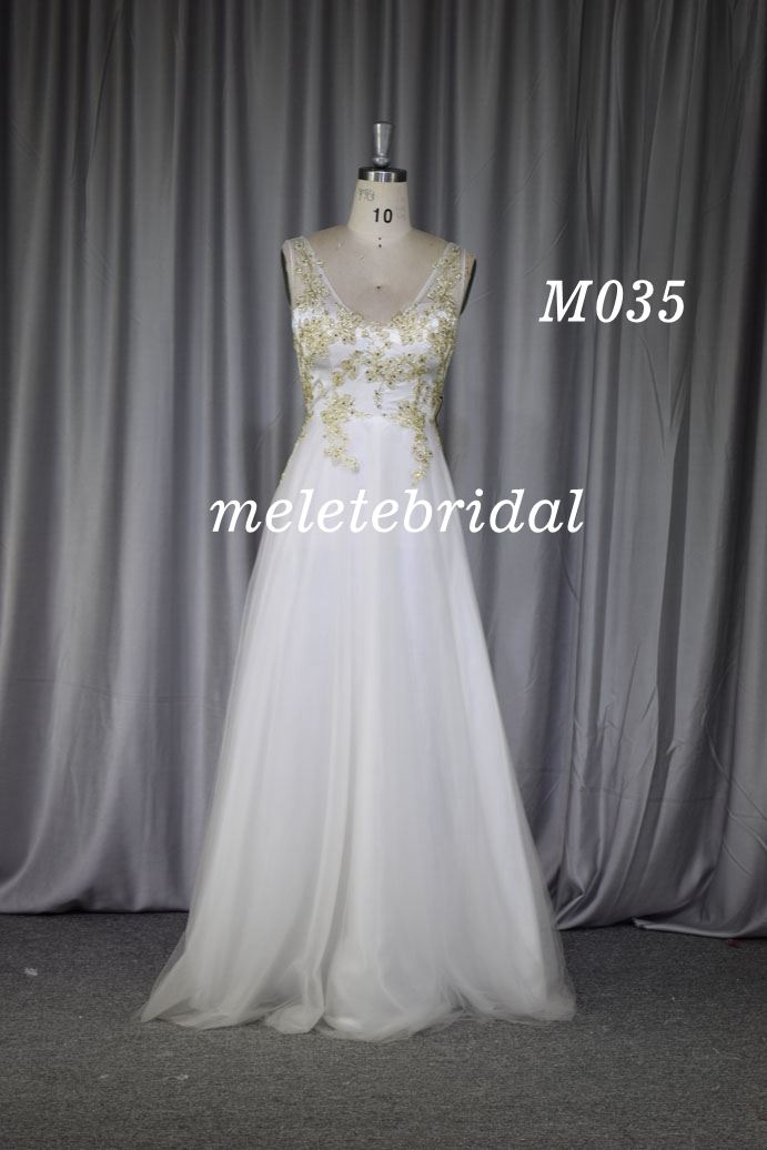 V Neckline gold Lace A line bridesmaid gown