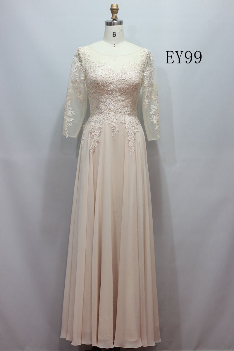 Lace upper chiffon skirt long sleeves bridesmaid gown