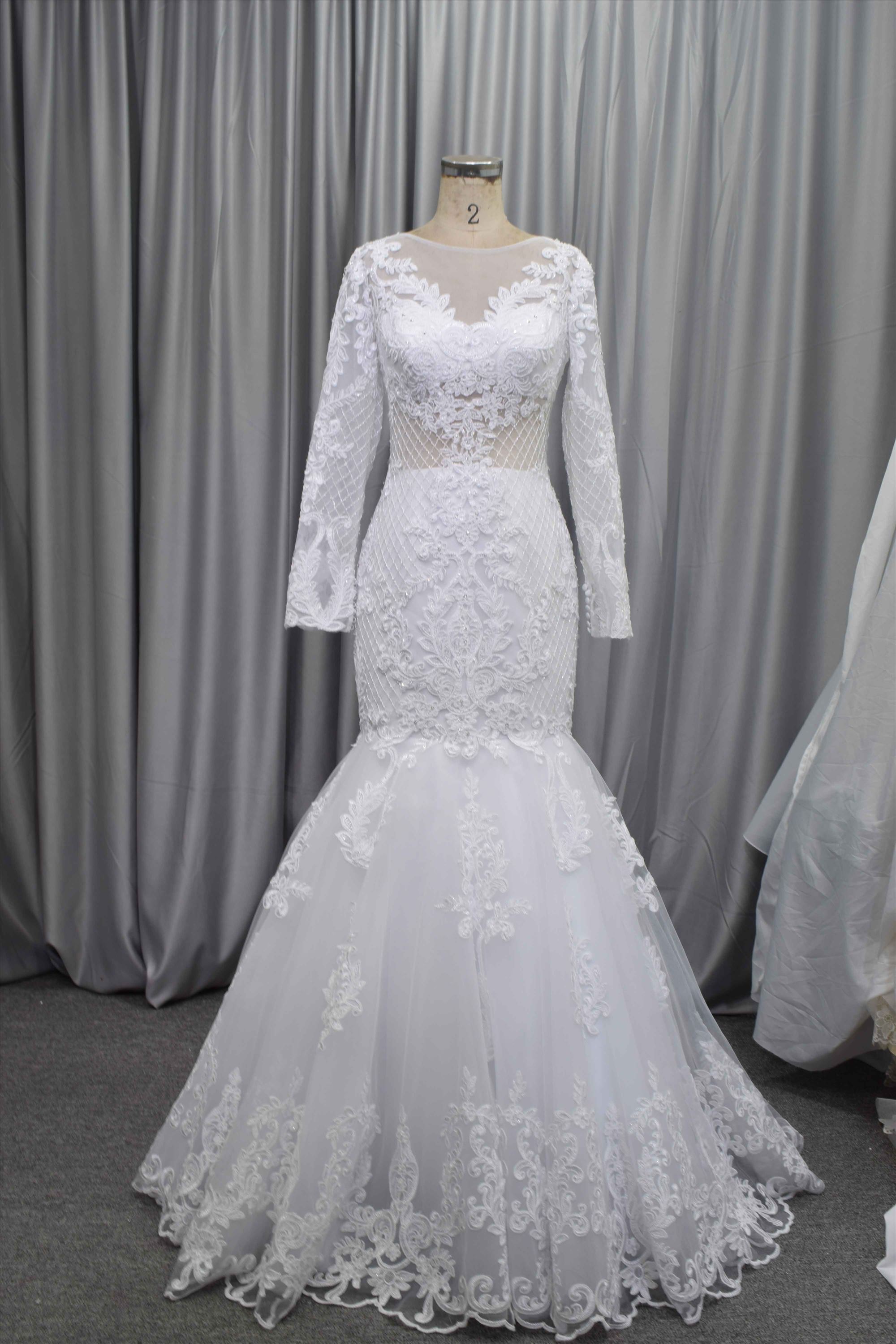 Long sleeves mermaid bridal gown lace with beading wedding dress with a detachable train