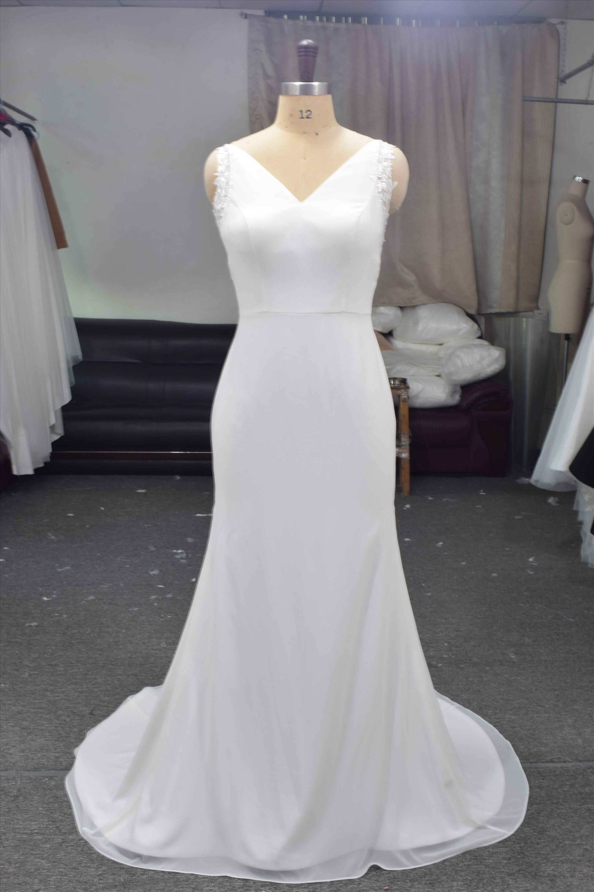 V neckline light chiffon mermaid bridal gown