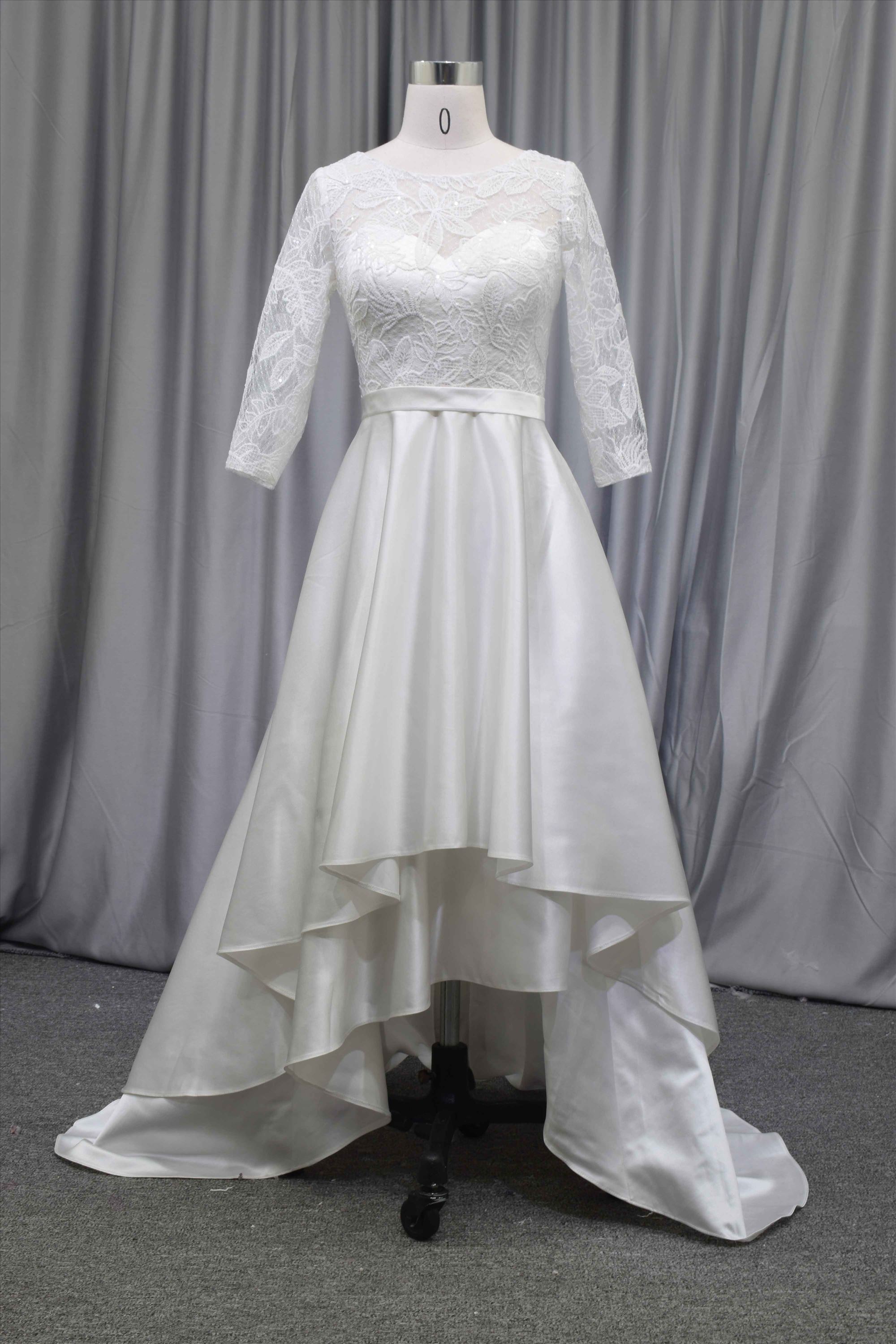 3/4 sleeves illusion neckline satin gown wholesale price bridal gown