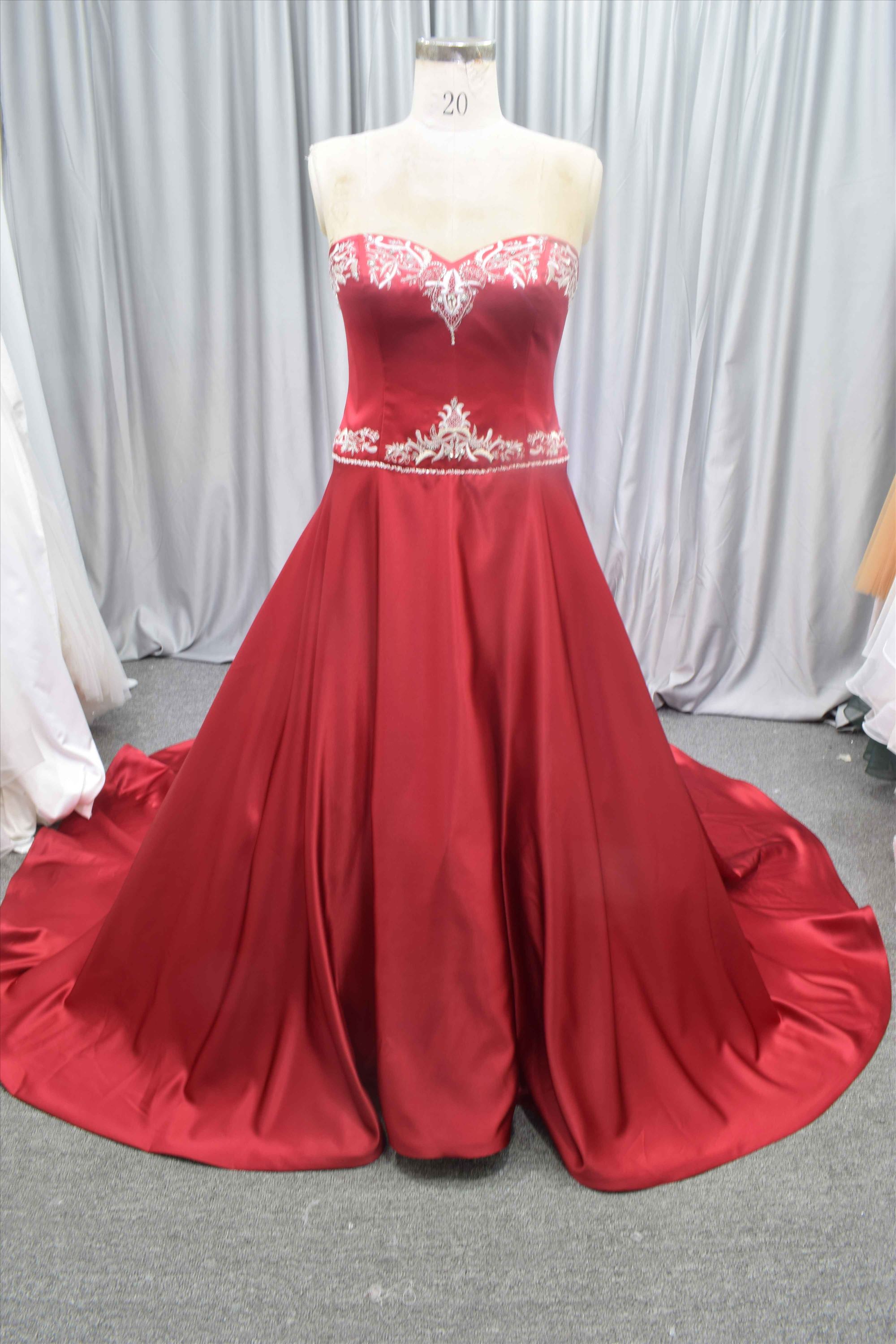 Red color satin dress embroidery lace A line bridal gown