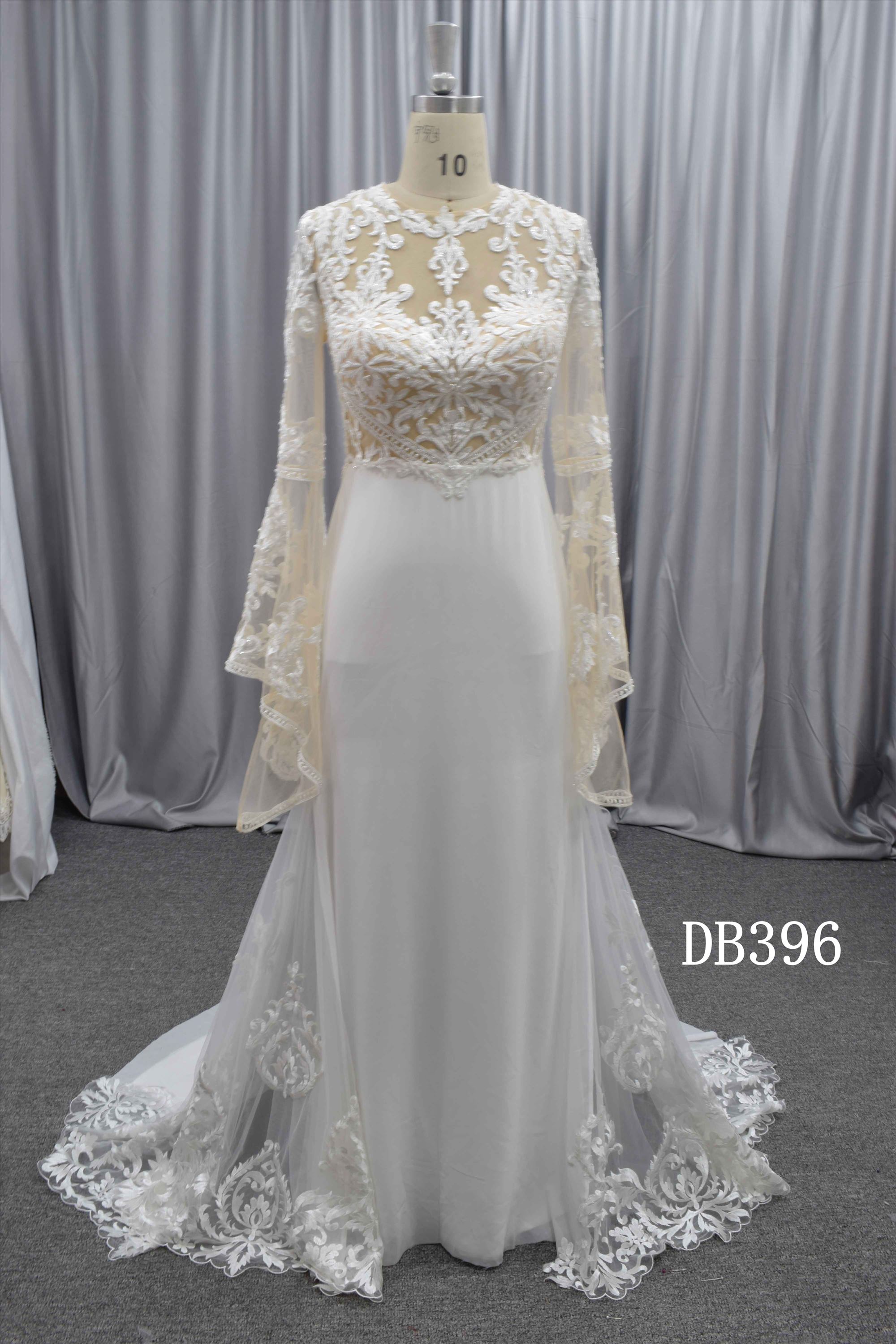 Trumpet sleeves Boho wedding dress with keyhole back