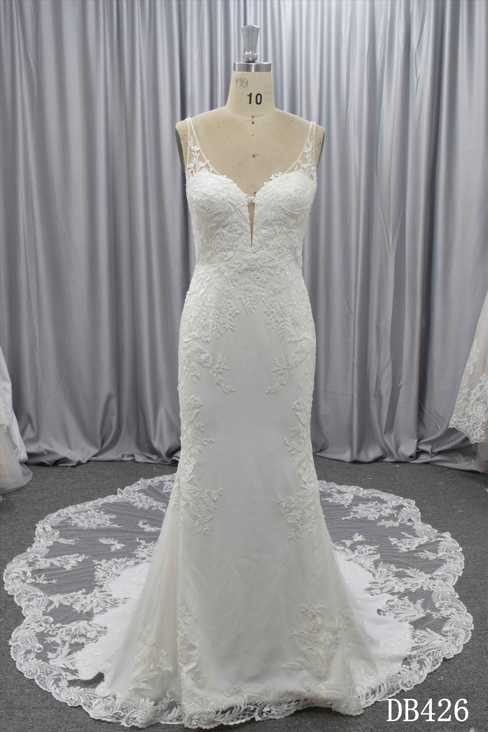 Crepe with lace wedding dress Illusion back bridal gown