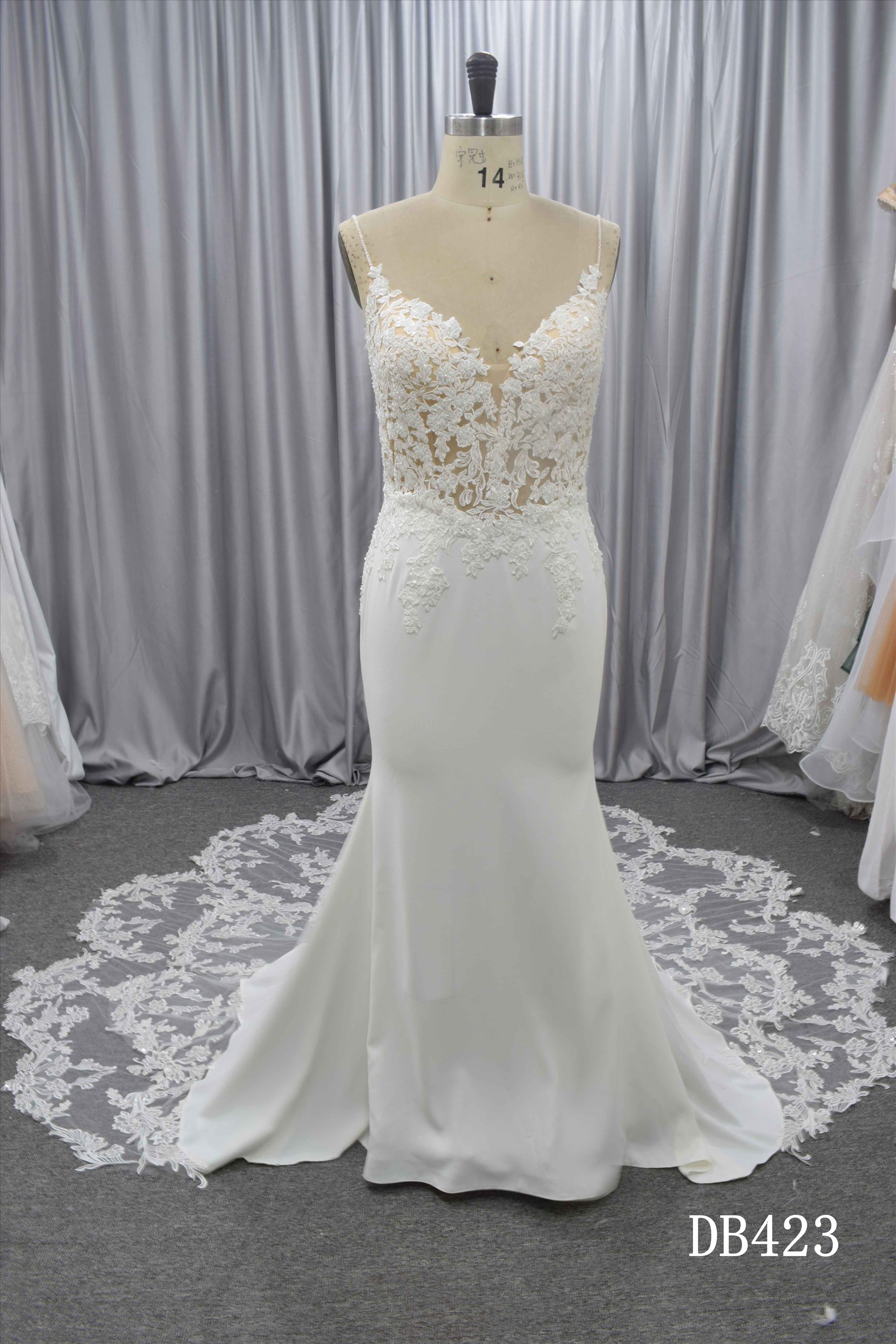 Spaghetti straps wedding dress with detachable lace train