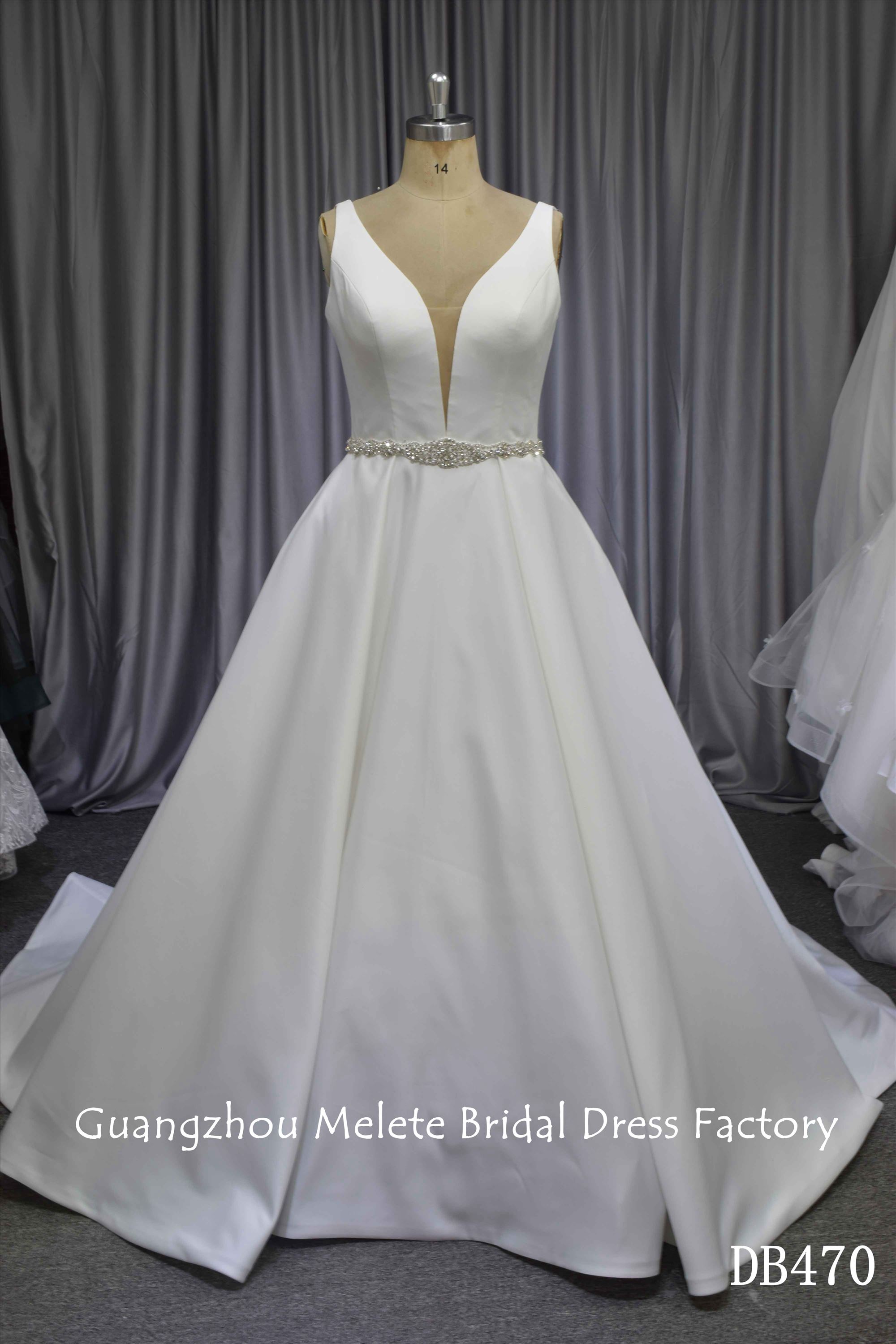 Elegant metter satin A line bridal gown with bling bling beading belt