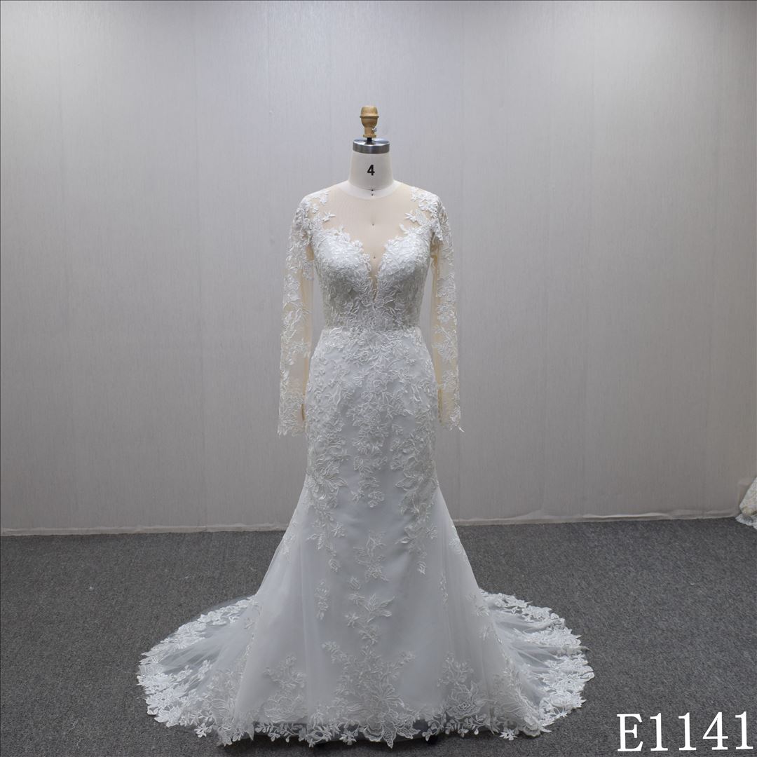 Gorgeous Mermaid scoop neck bridal dress Chinese factory sell  flower lace wedding dress