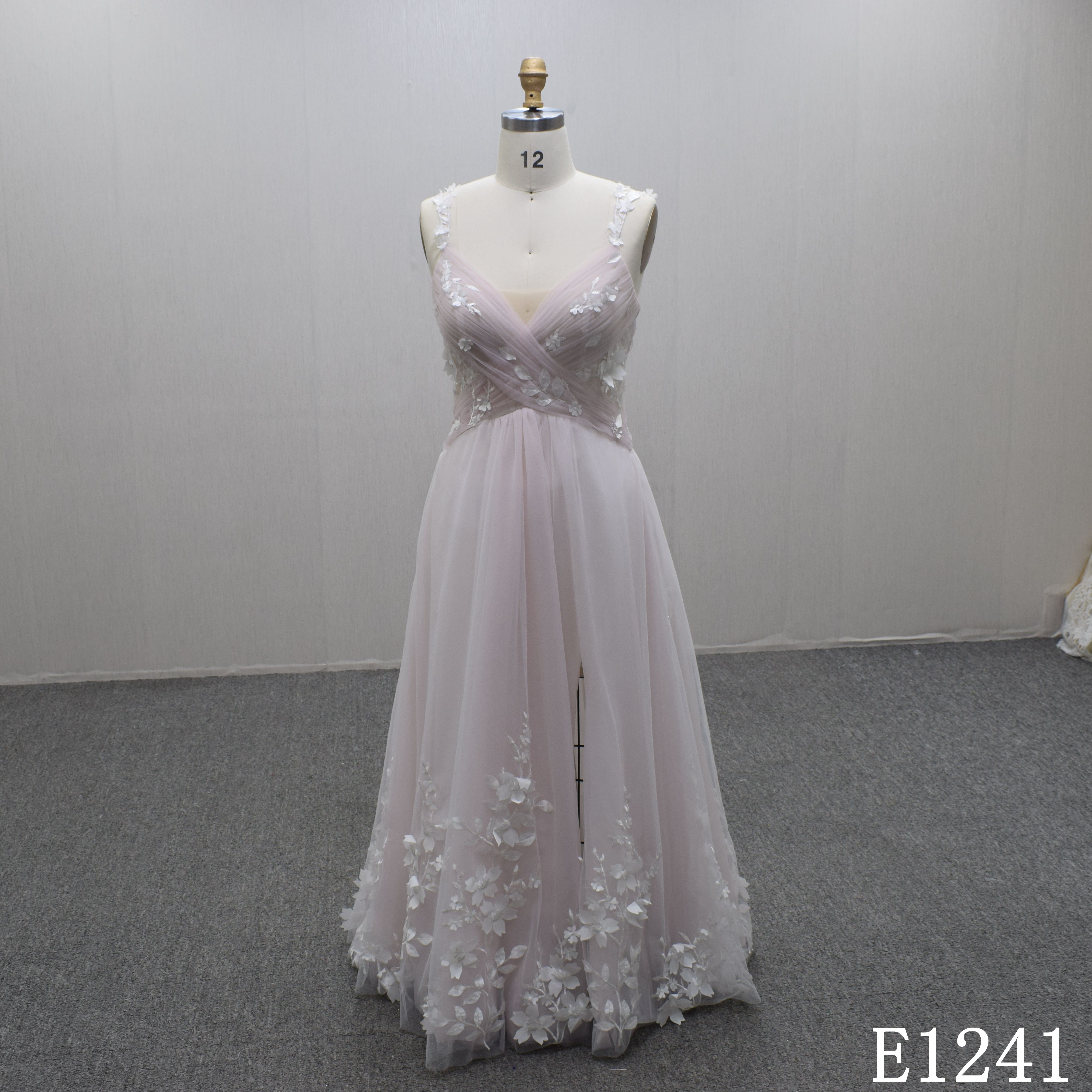 Pink Pleat Spaghetti strap lace flowers wedding dress Guang Zhou Made