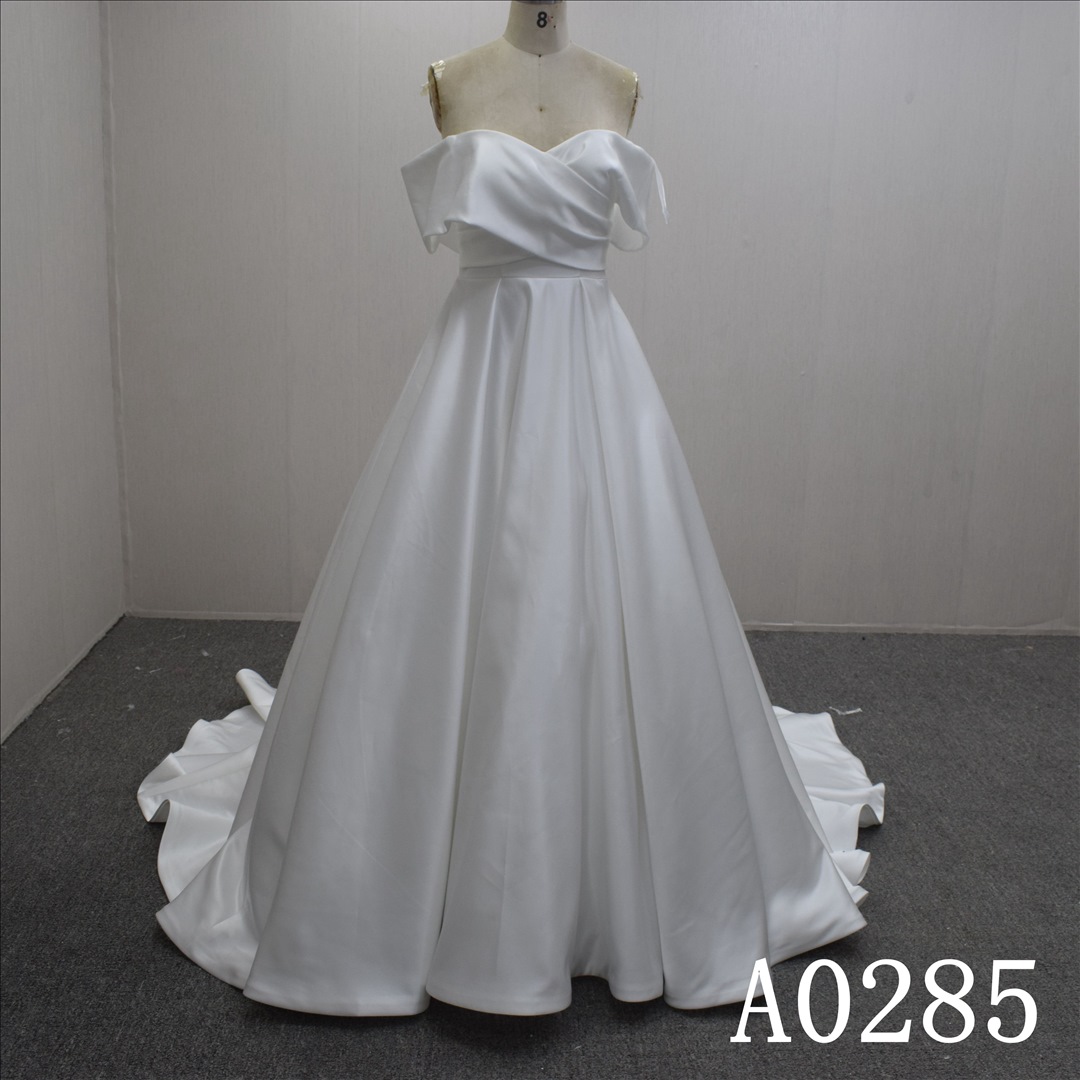 Summer Graceful Off-shoulder A line Satin Hand Made Bridal Dress