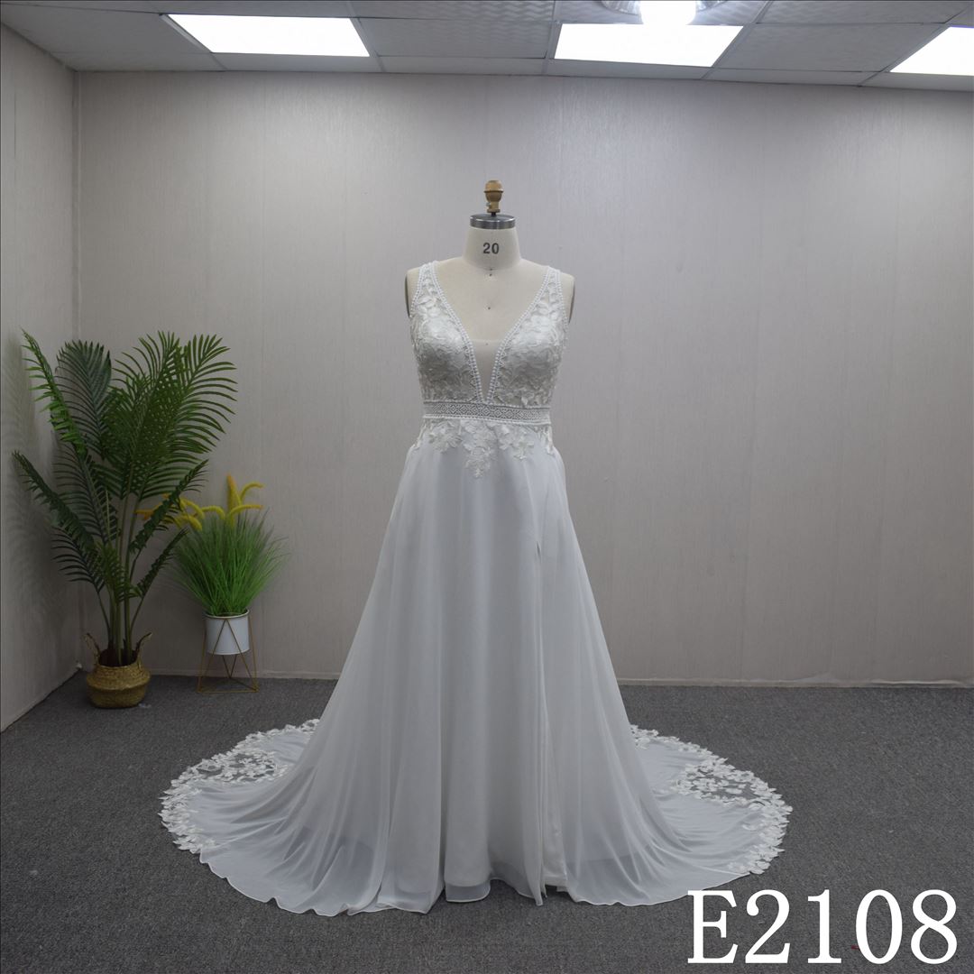 V-neckline Bridal dress with Sleeveless and Sweep Train