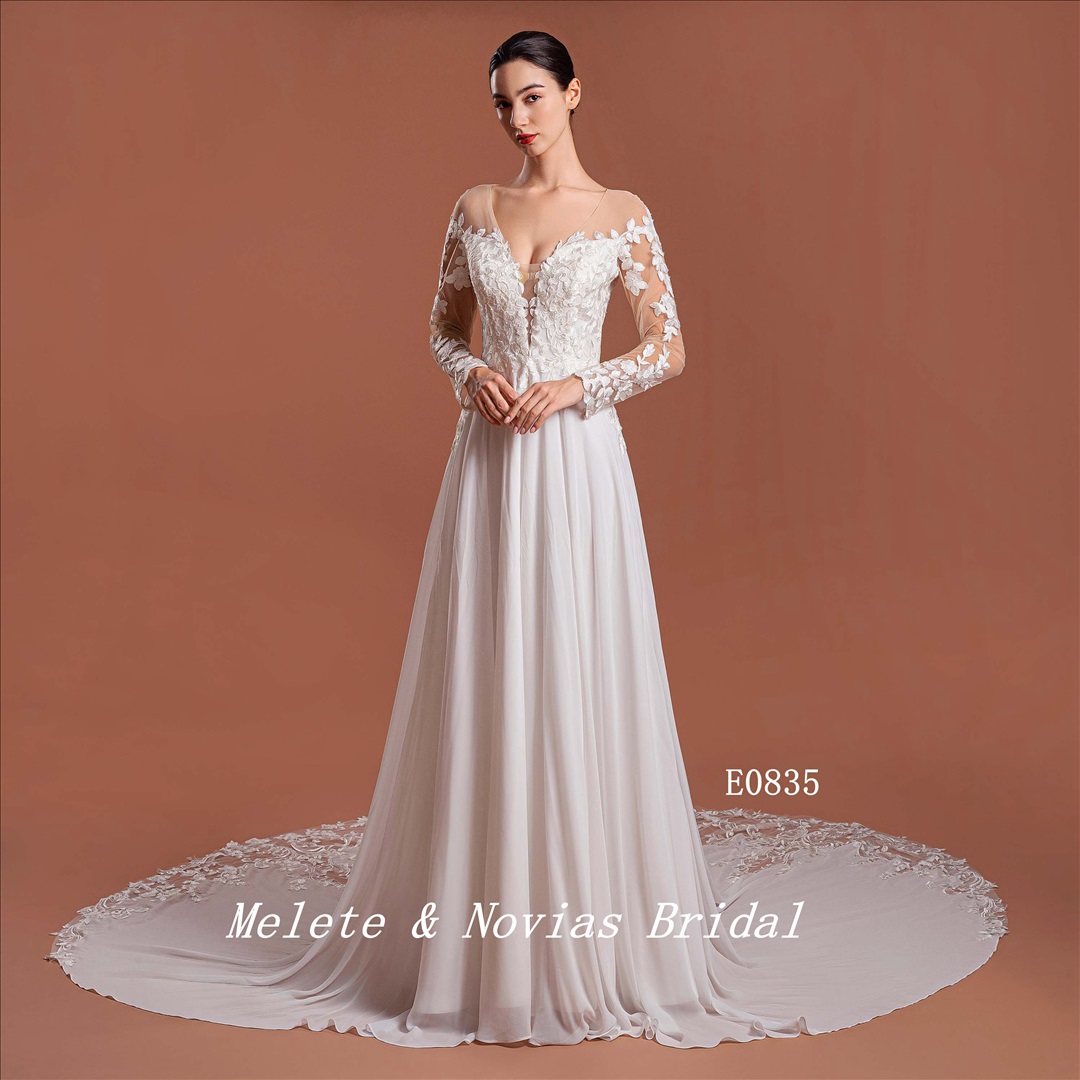 Long Sleeve Illusion Wedding Dress Elegant Ivory V Neckline Bridal Gown