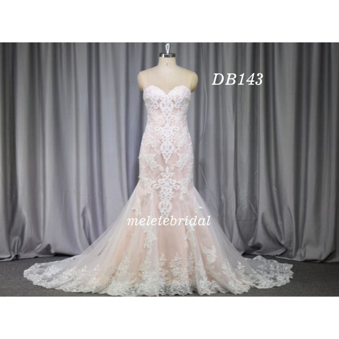 Pink color lace beading mermaid bridal gown