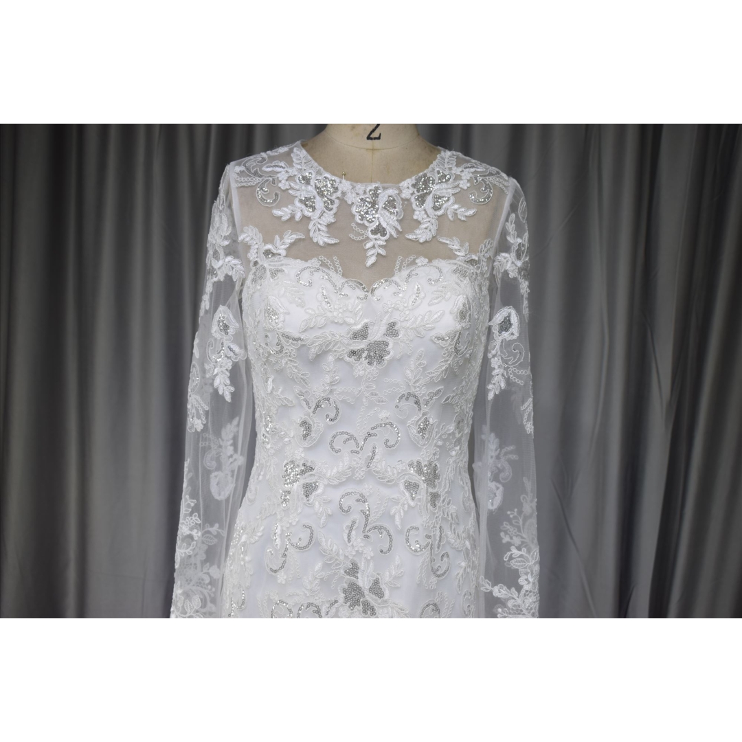 Long sleeves lace mermaid bridal gown with silver beading