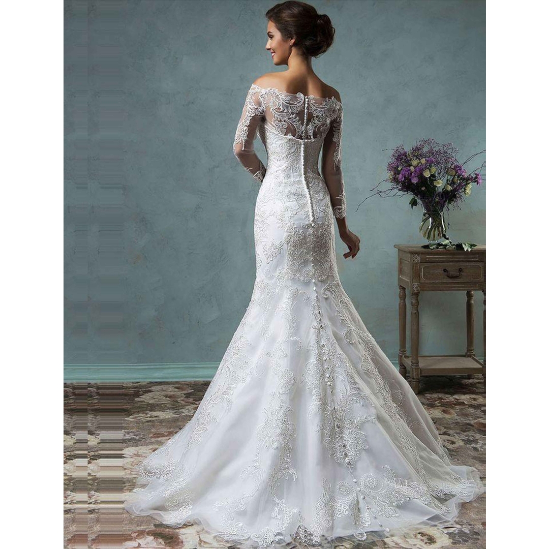 Fashion Design long sleeves straight neckline wholesale price wedding dress