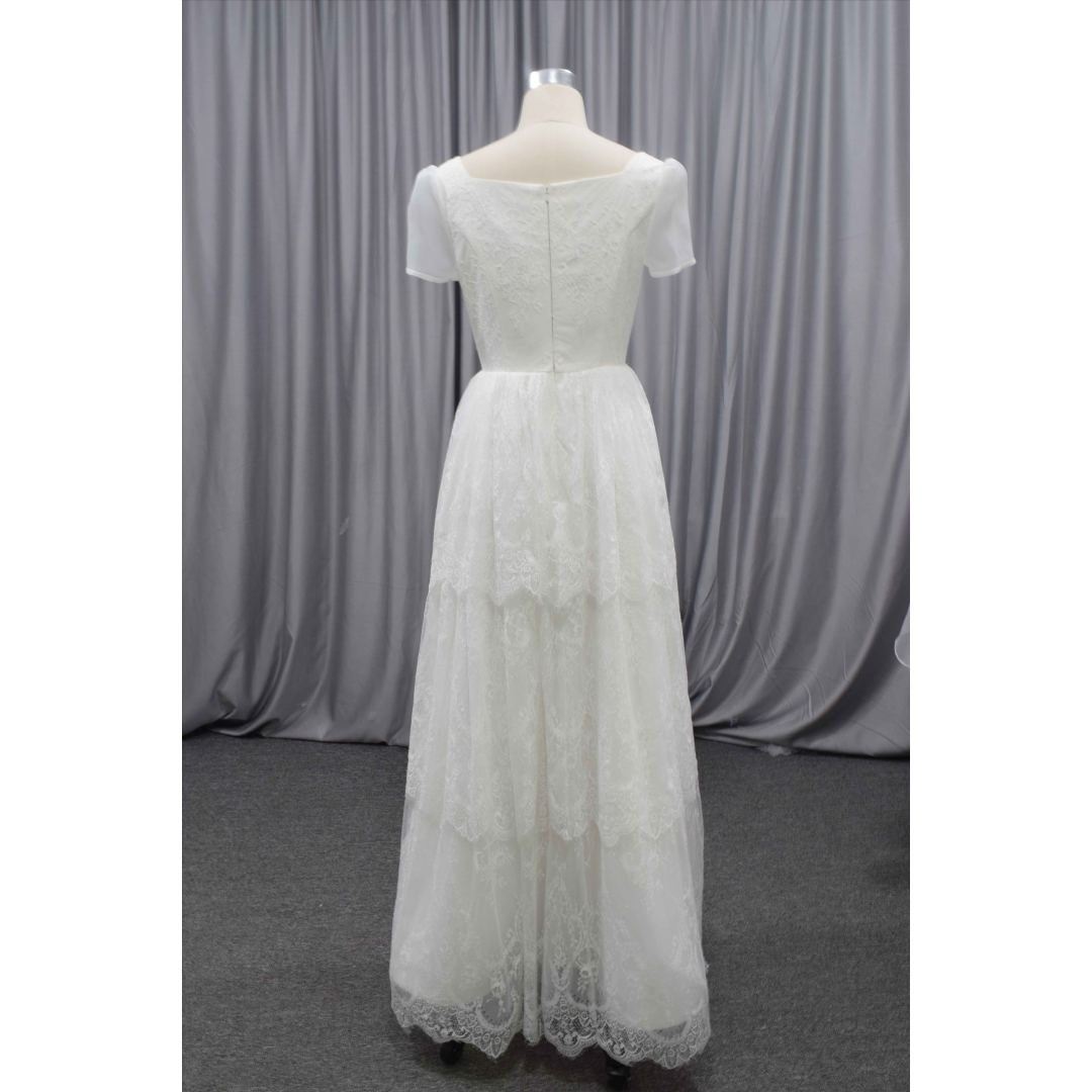 Lolita style pretty design short sleeves 3 layers lace bridal gown