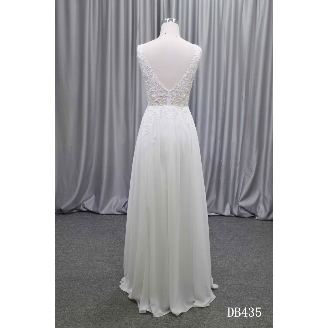 Illusion bodice chiffon skirt open skirt A line bridal gown