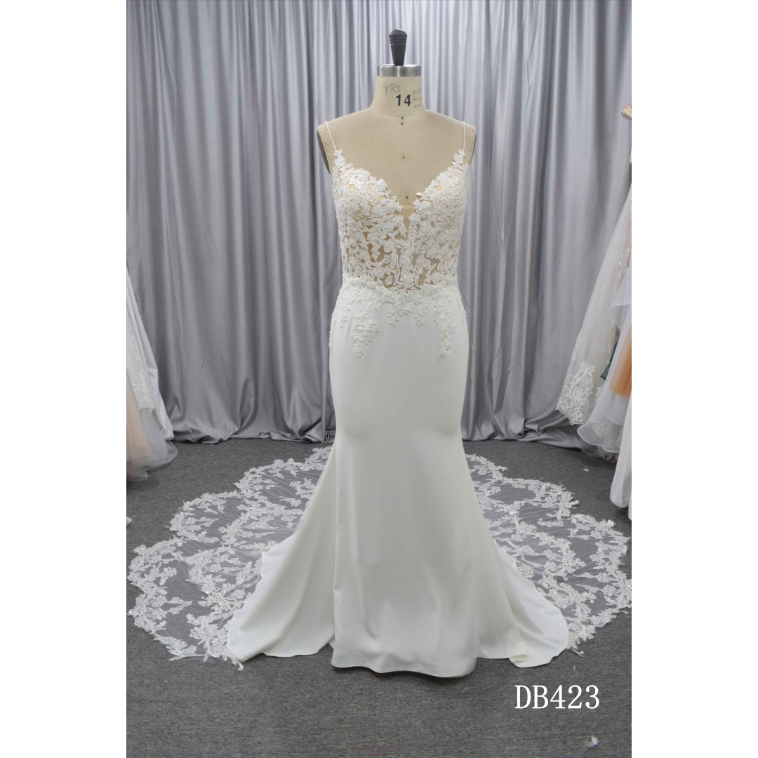 Spaghetti straps wedding dress with detachable lace train