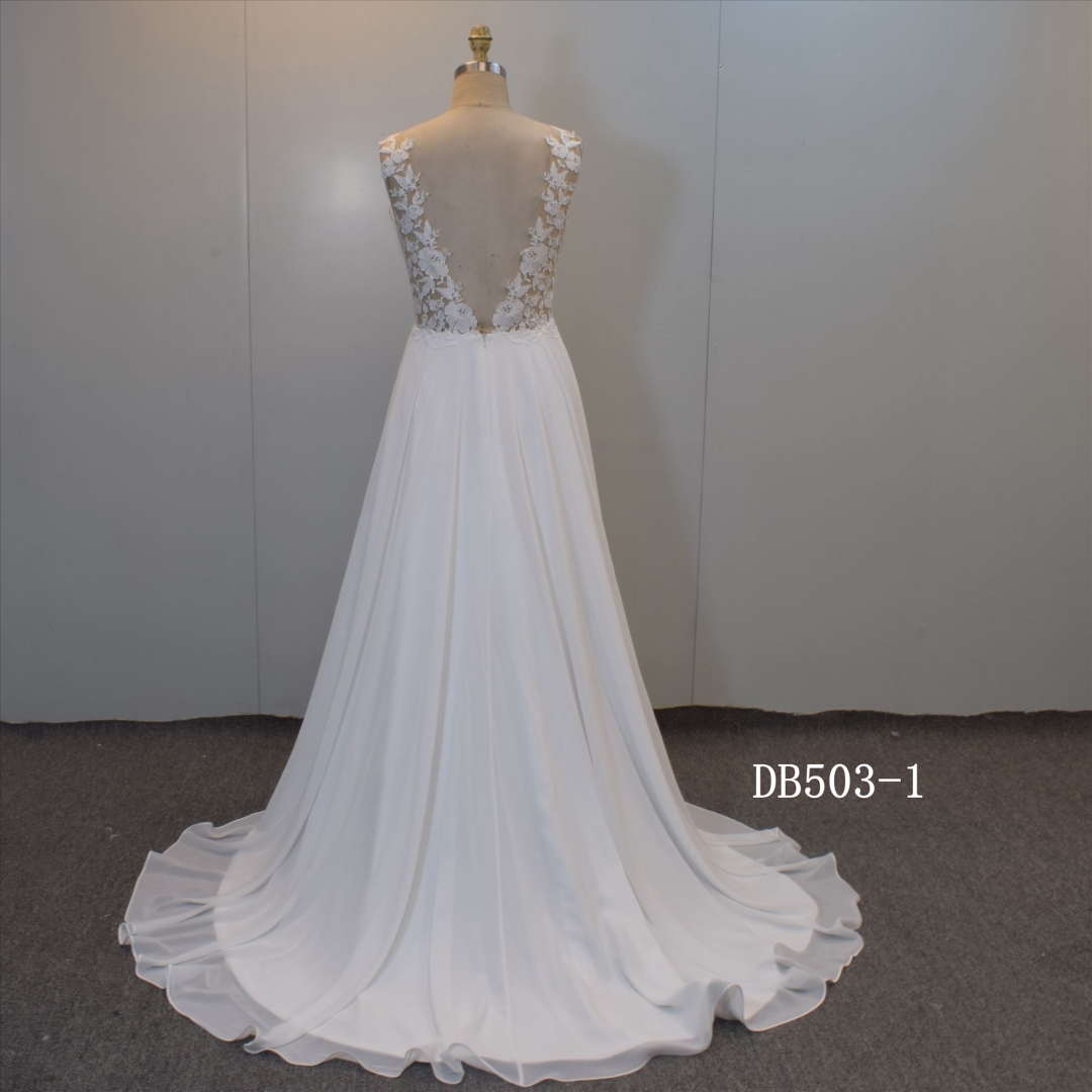 Chiffon A line V back bridal gown model design make in Guangzhou bridal gown