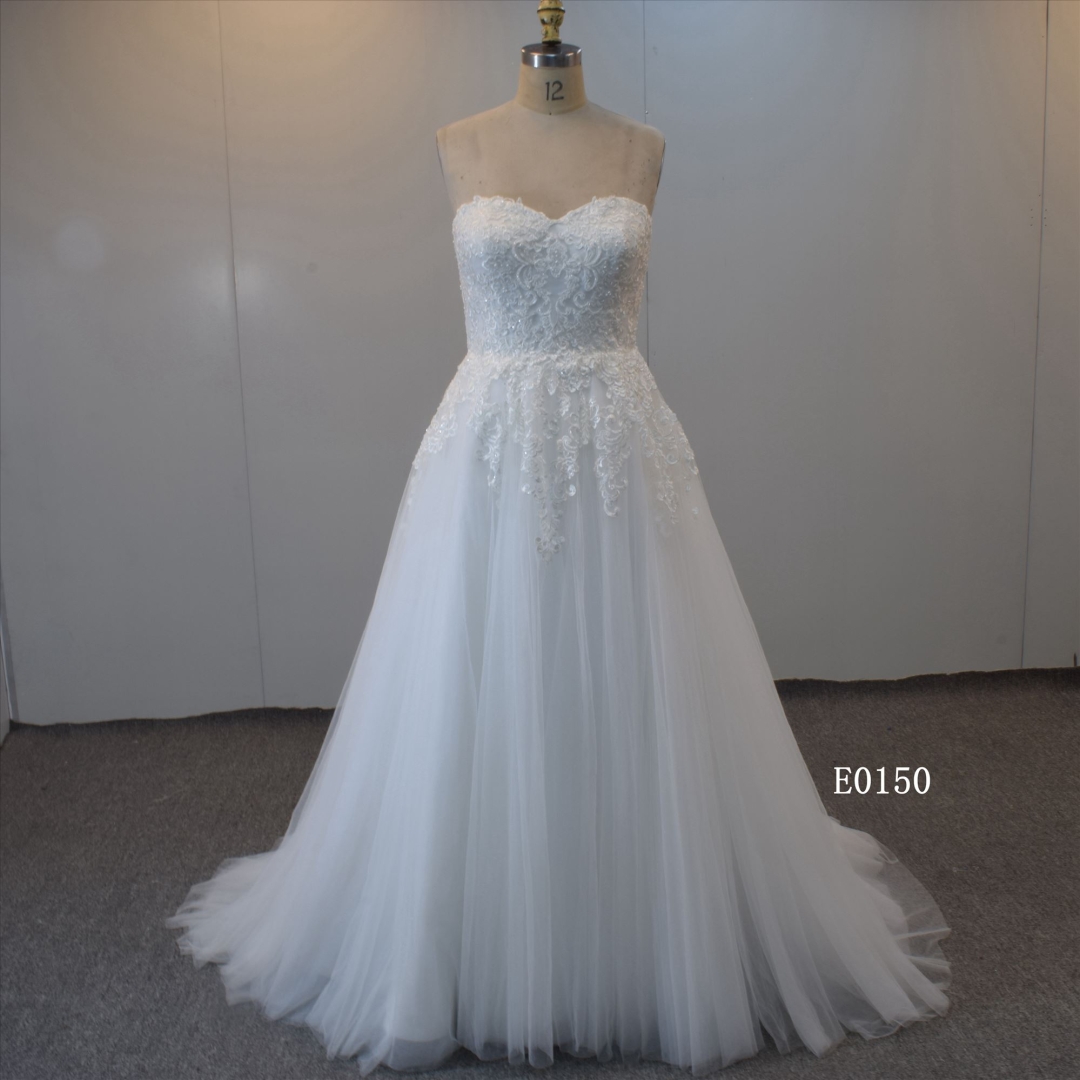 Strapless Tulle Bridal Dress With Ruffle Train Ball Gown Dress For Women