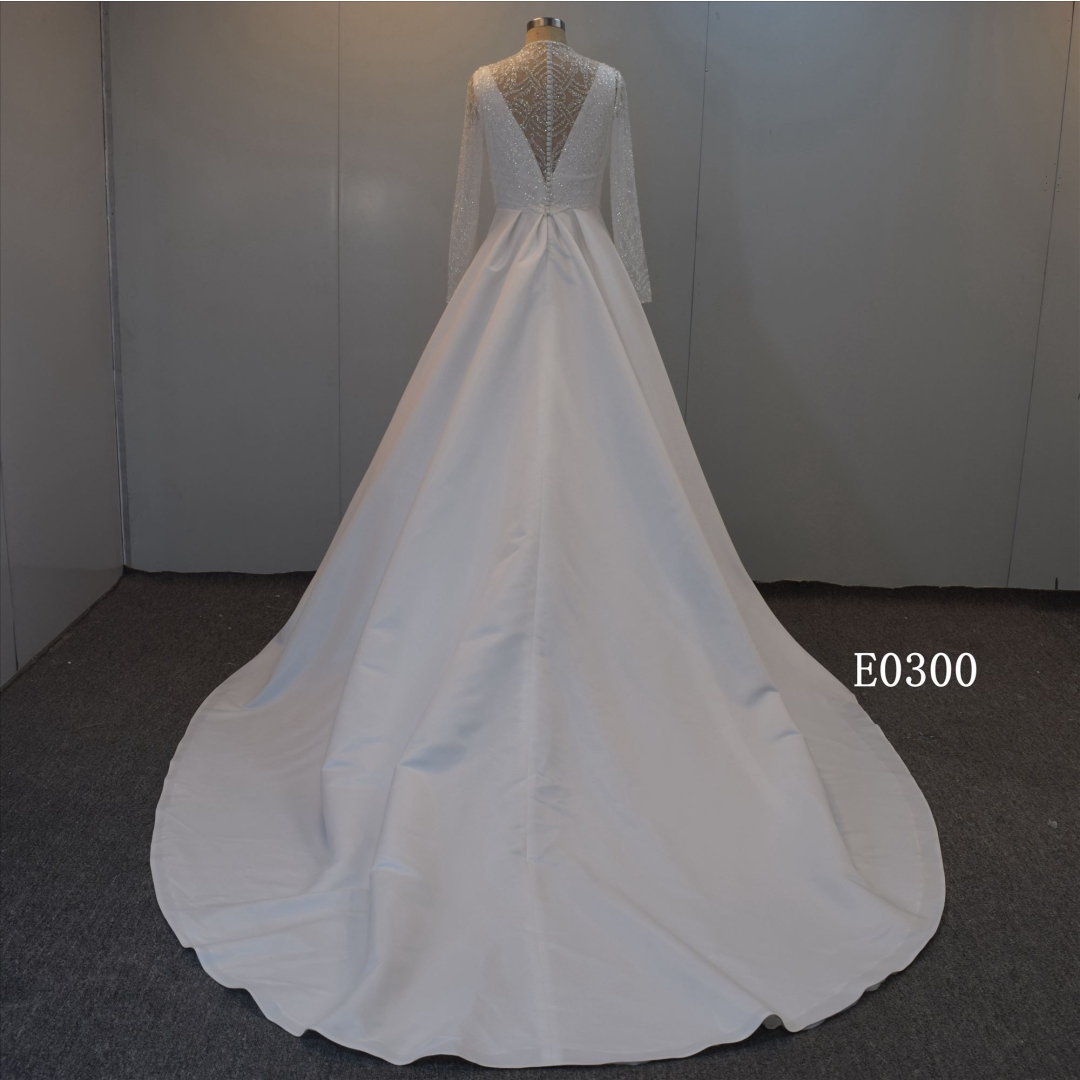 Hight Neckline And Long Sleeveless Bridal Dress Satin Wedding Dress