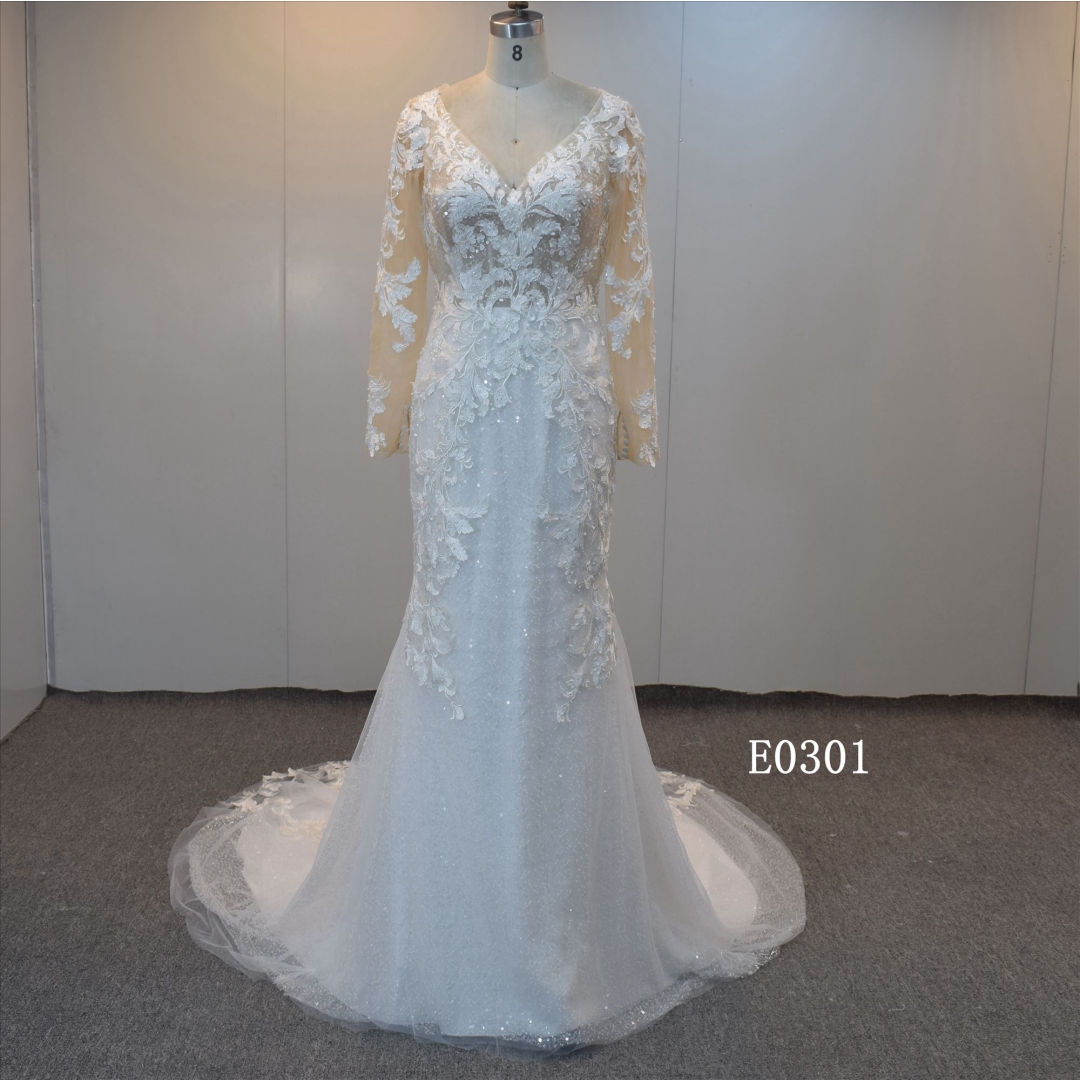 Charming V-Neckline Bridal Dress Long Sleeves Bridal Dress Tulle Wedding Dress