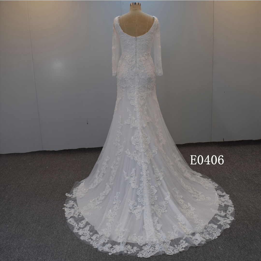 Square Collar Shining Beads Wedding Gown With Long Sleeves Bridal Dress