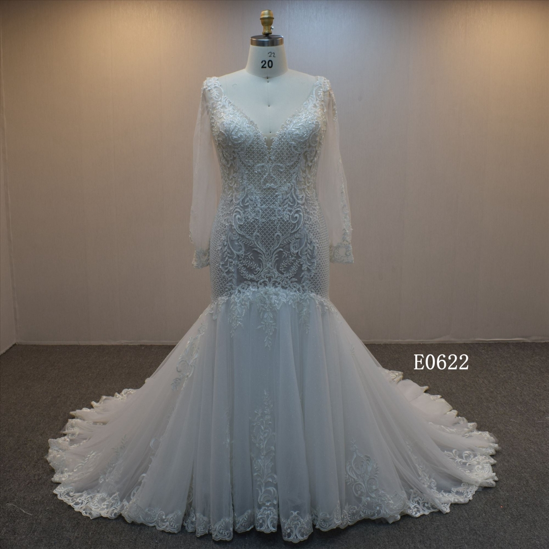 Wholesale Puffy Long Sleeves Mermaid Bridal Dress Guangzhou Wedding Dress