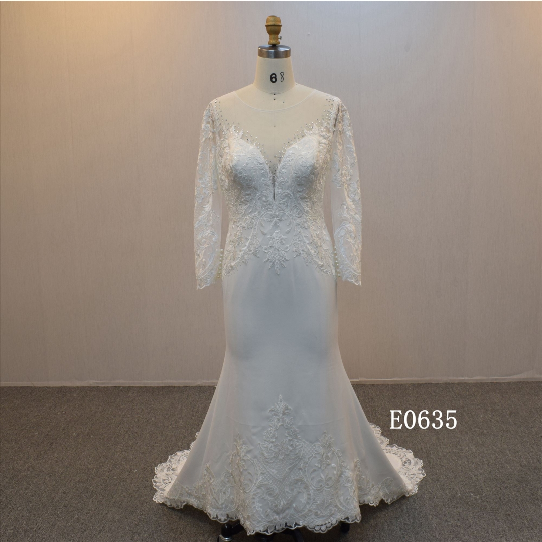 2022 Elegant Crepe Long Sleeves Mermaid Dress  Wedding Dress For Women