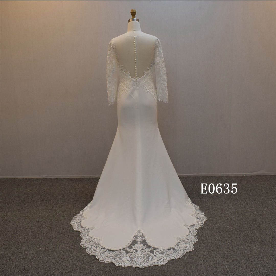 2022 Elegant Crepe Long Sleeves Mermaid Dress  Wedding Dress For Women