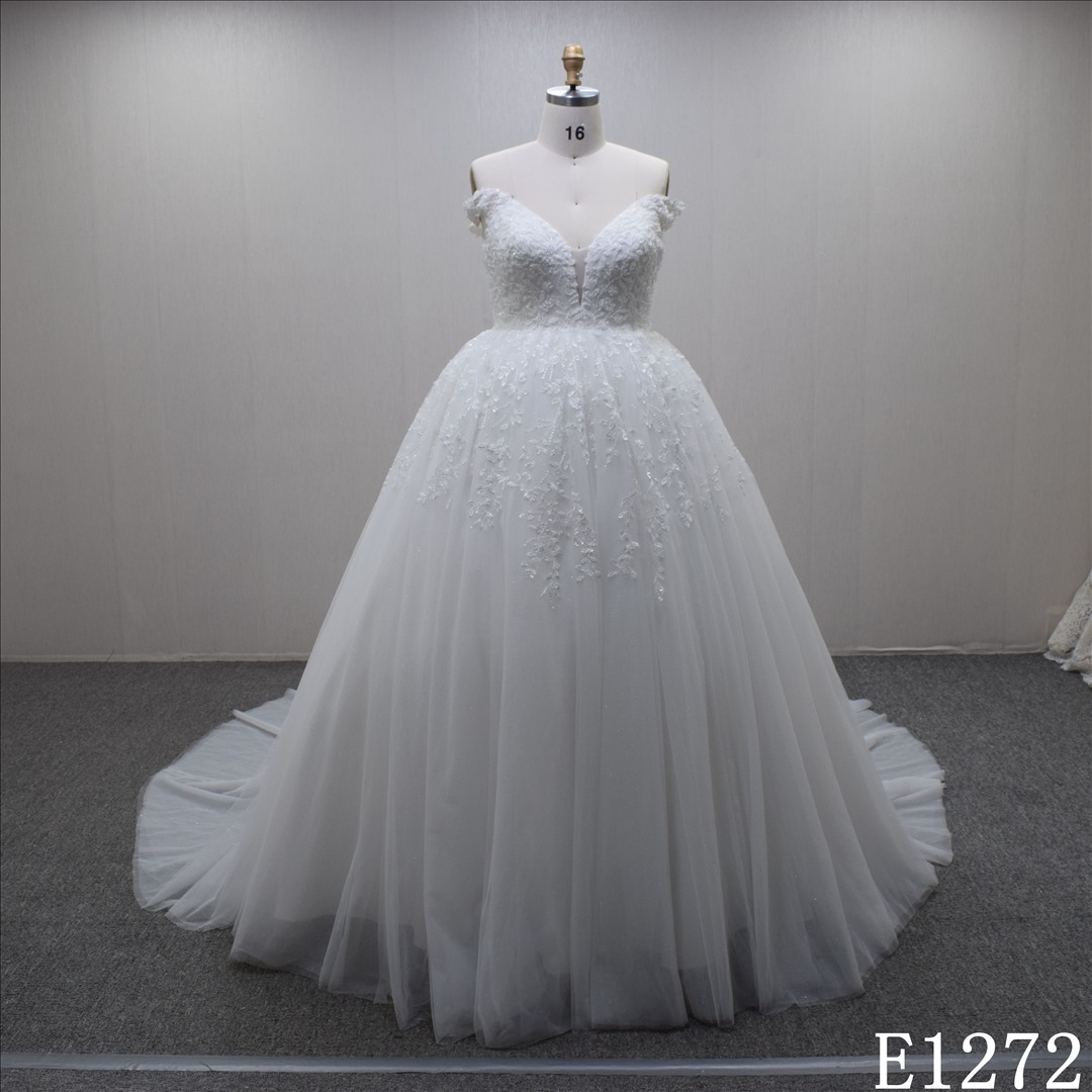 Exquisite Ballgown off shoulder lace appliqued with long train wedding dress