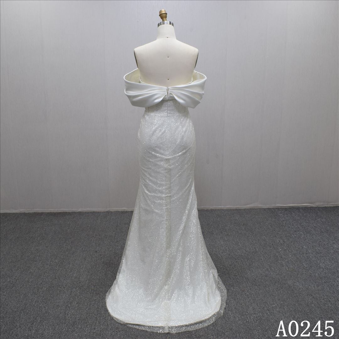 Hot sell  Glamorous  Trumpet off shoulder Satin detachable train  wedding dress