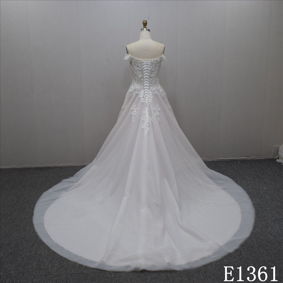 High Quality Princess Off Shoulder  Lace Flower Tulle Wedding Dress