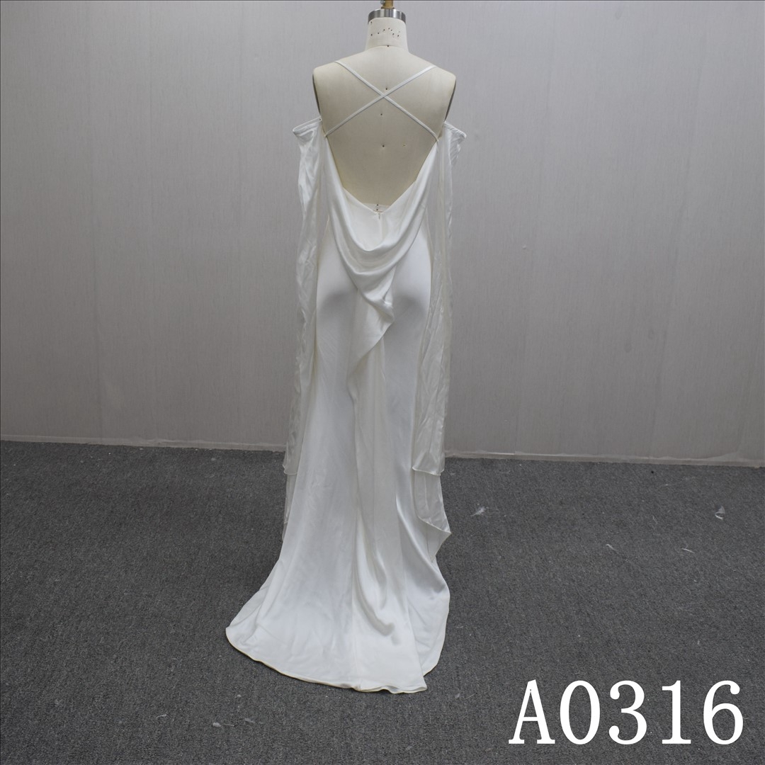 Summer Long Sleeves Backless Sheath Satin Hand Made Bridal Dress