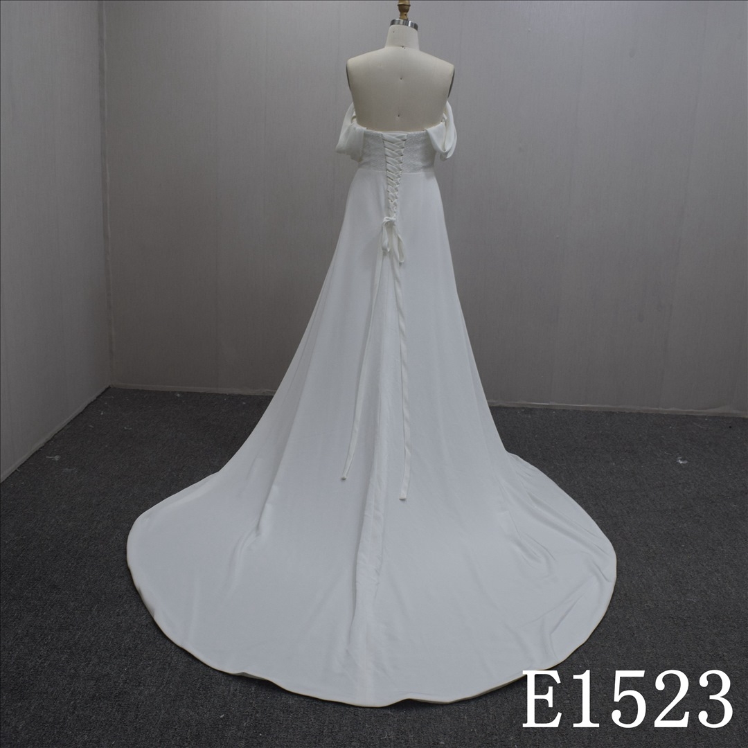 Summer Slim Boat Neck Chiffon Off Shoulder A-line Hand Made wedding Dress