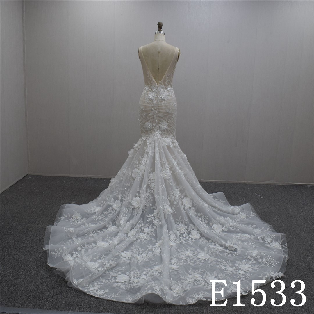 Summer Slim V Neck Lace Flower Mermaid Hand Made wedding Dress