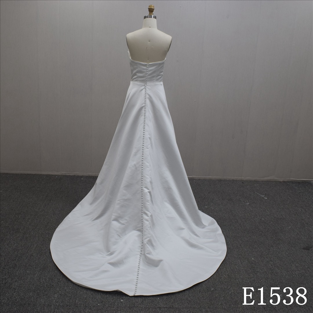 Simple Design Boat Neck A-line Satin Hand Made wedding Dress