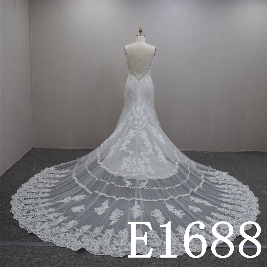 Hot Sell Haltel Strap Mermaid  Lace Flower Hand Made Bridal Dress