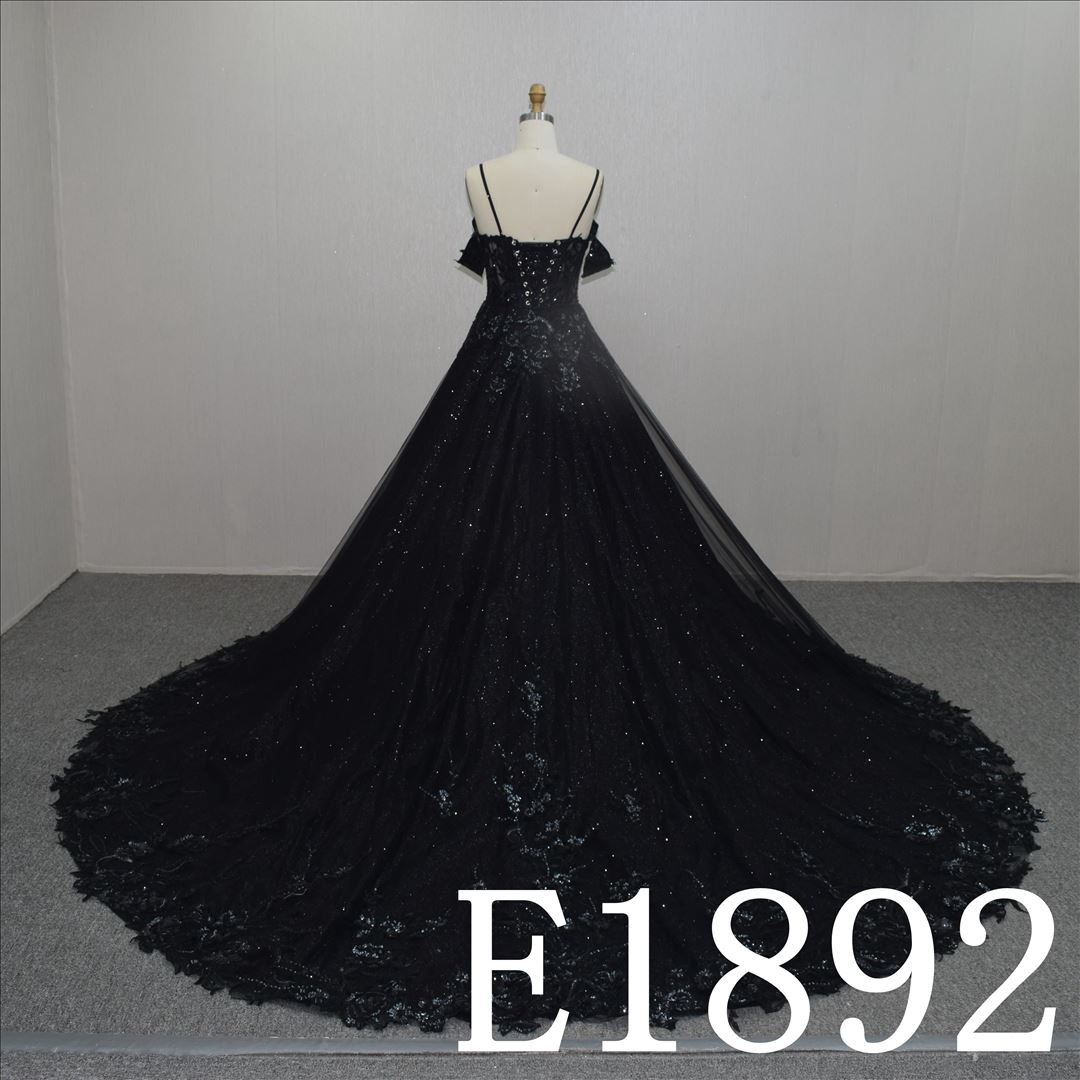 Custom Black Lace Flower With Spaghettl strap Hand Made Bridal Dress