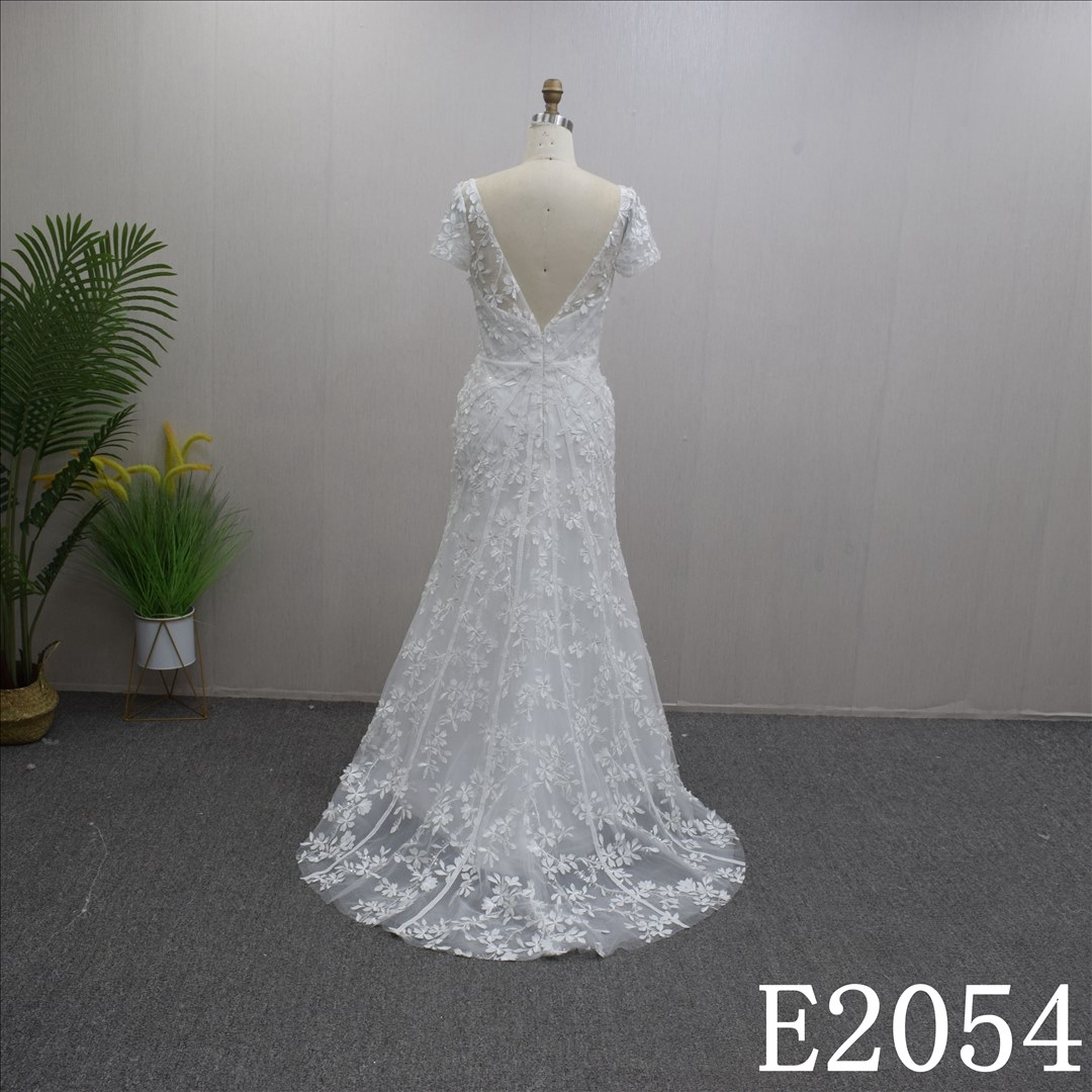 Simple A-line Backless Short Sleeves With lace flower Hand Made Bridal Dress