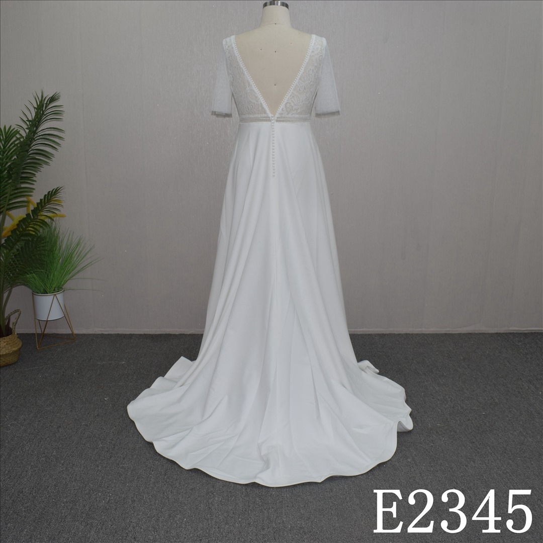 Custom Simple A-line Short Sleeves with backless Hand Made Bridal Dress