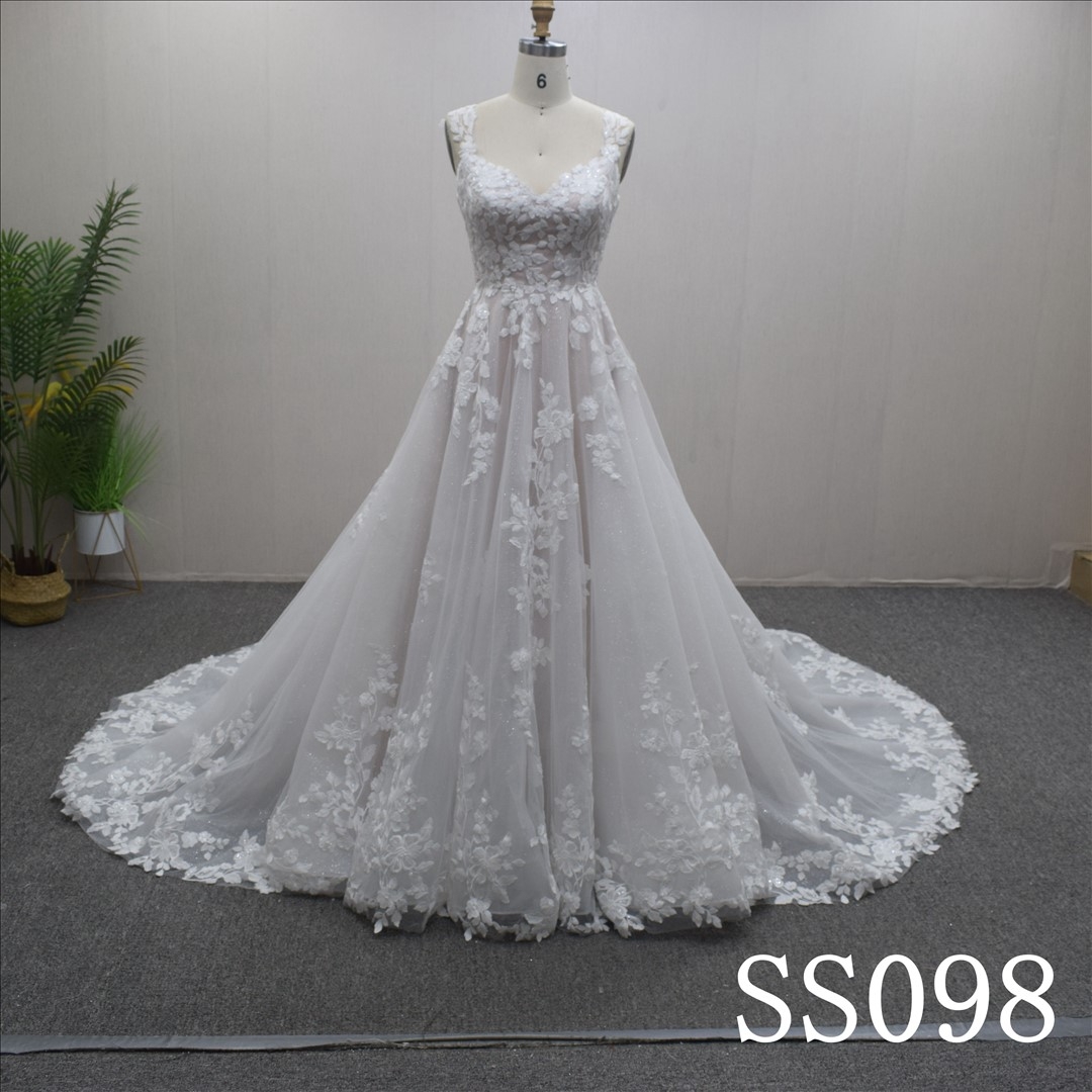 V-neck with Sweep train Lace flower  Hand Made Bridal Dress