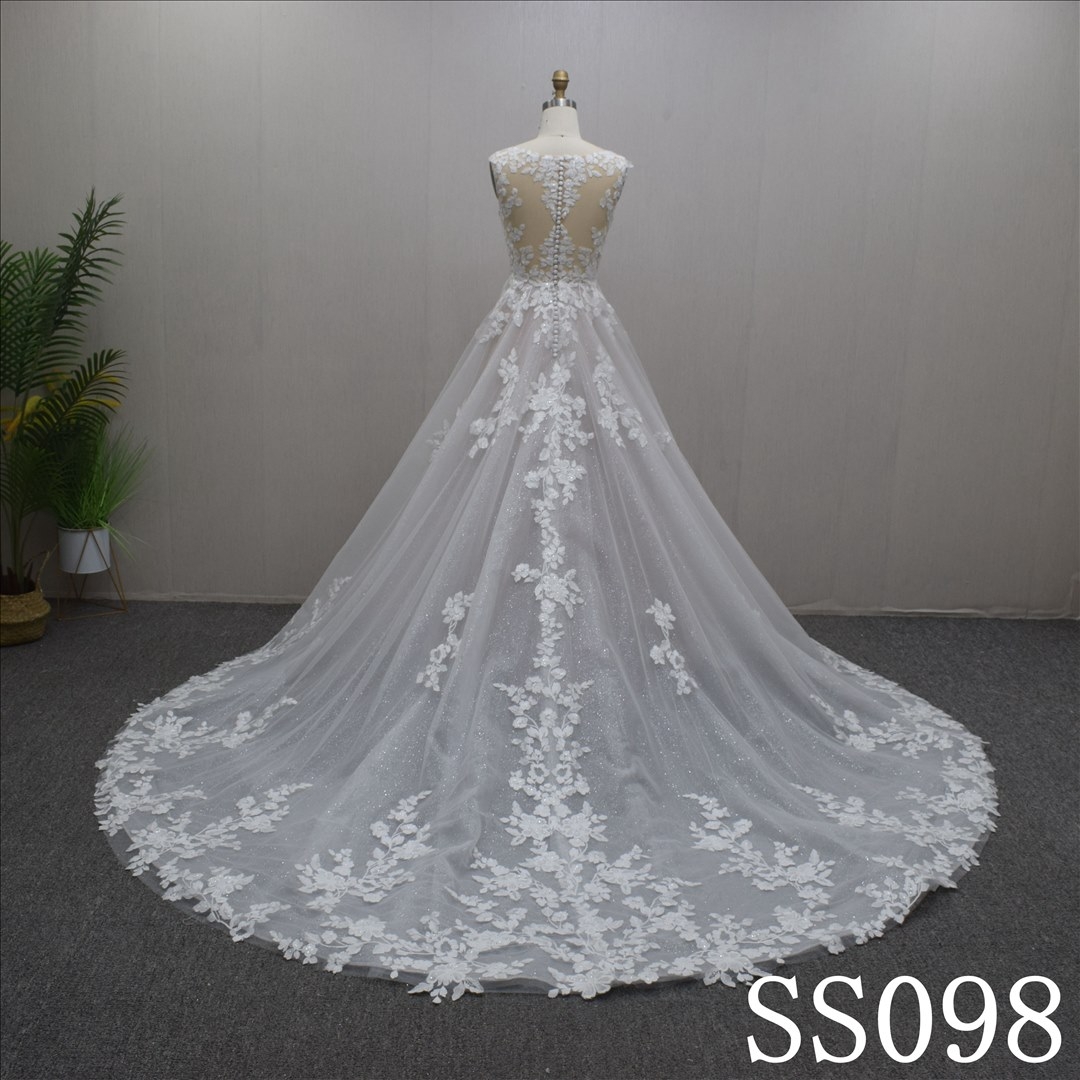 V-neck with Sweep train Lace flower  Hand Made Bridal Dress