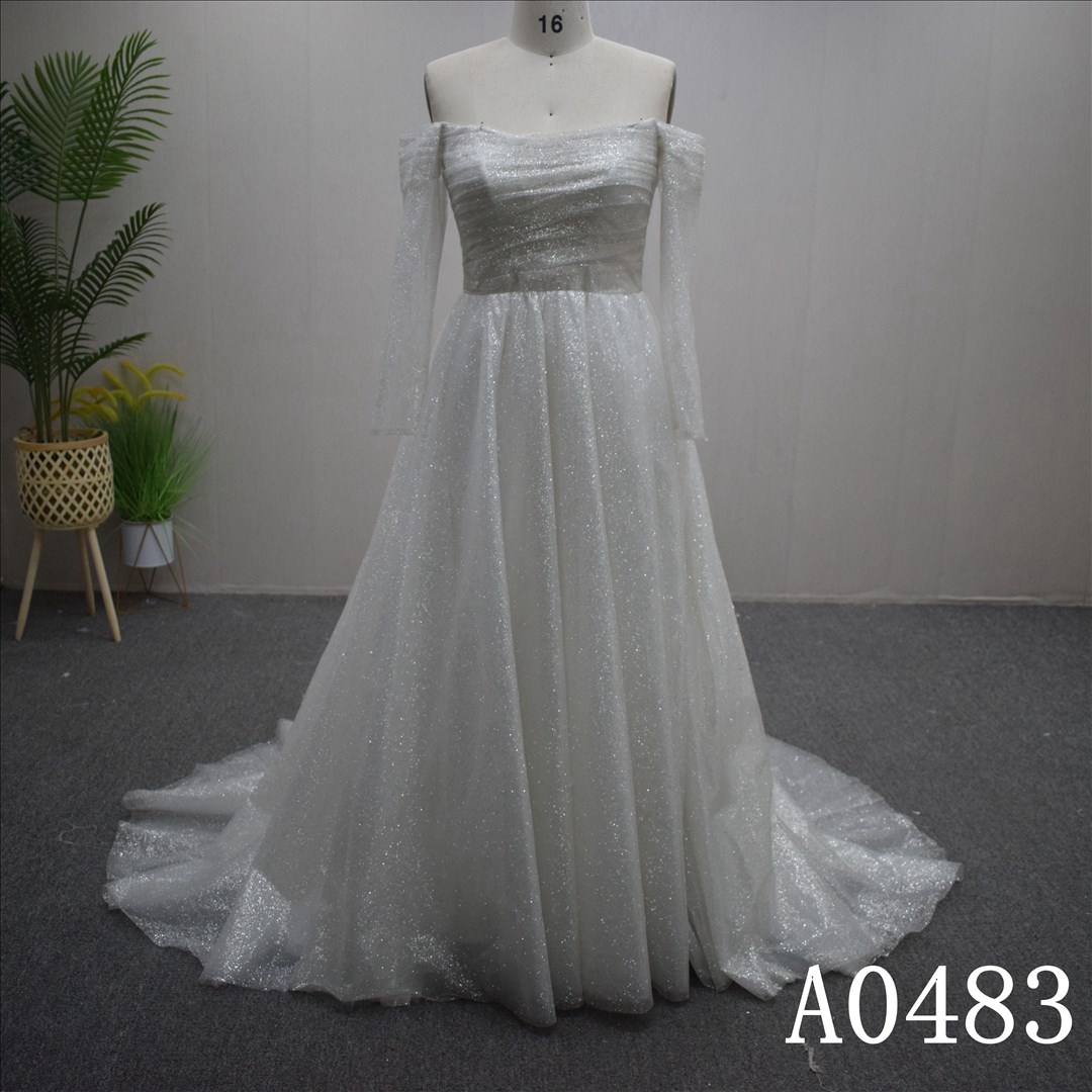 Special Long Sleeves A-line with a detachable Glitter net Hand made wedding dress