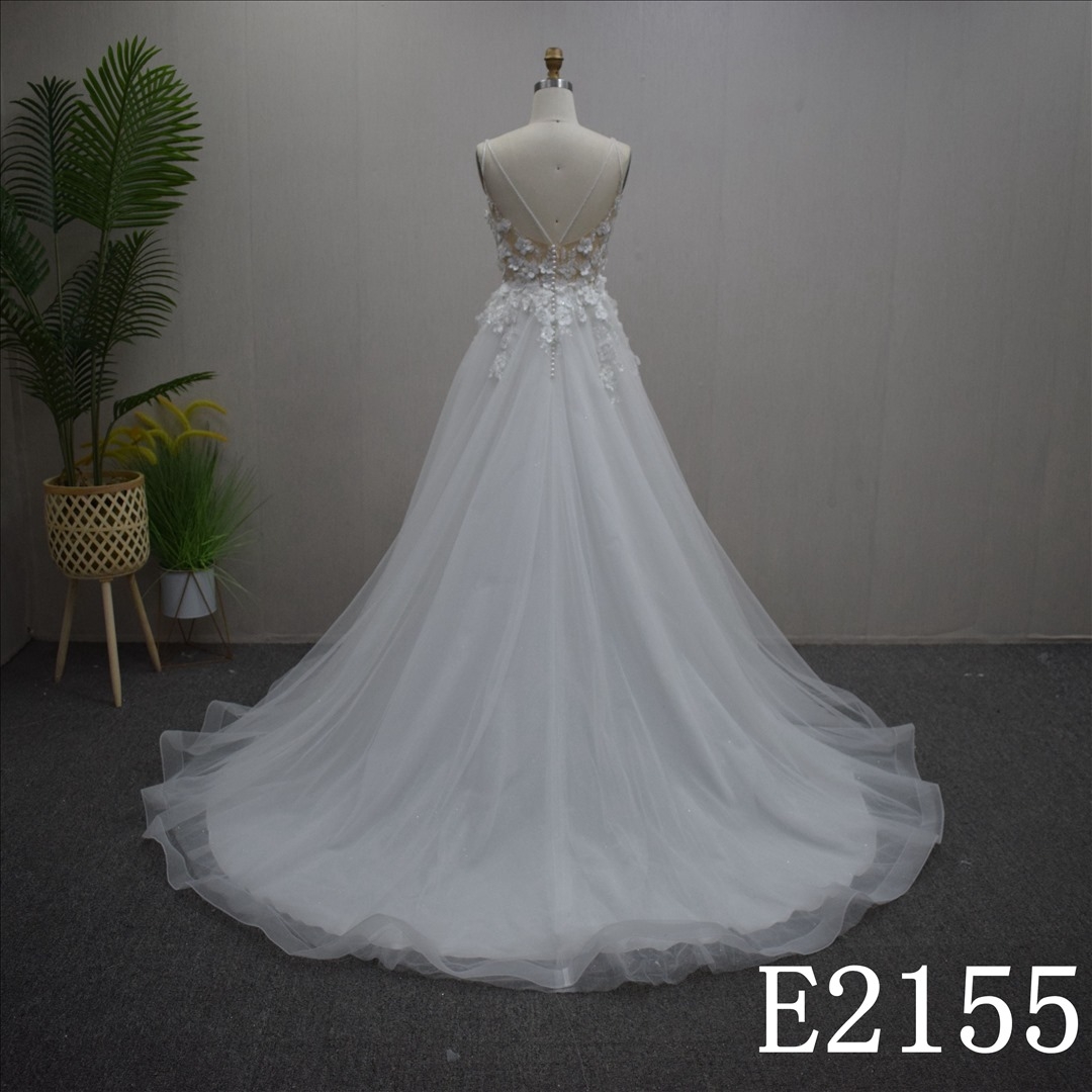 V-neck with Sweep train Lace flower  Hand Made Bridal Dress