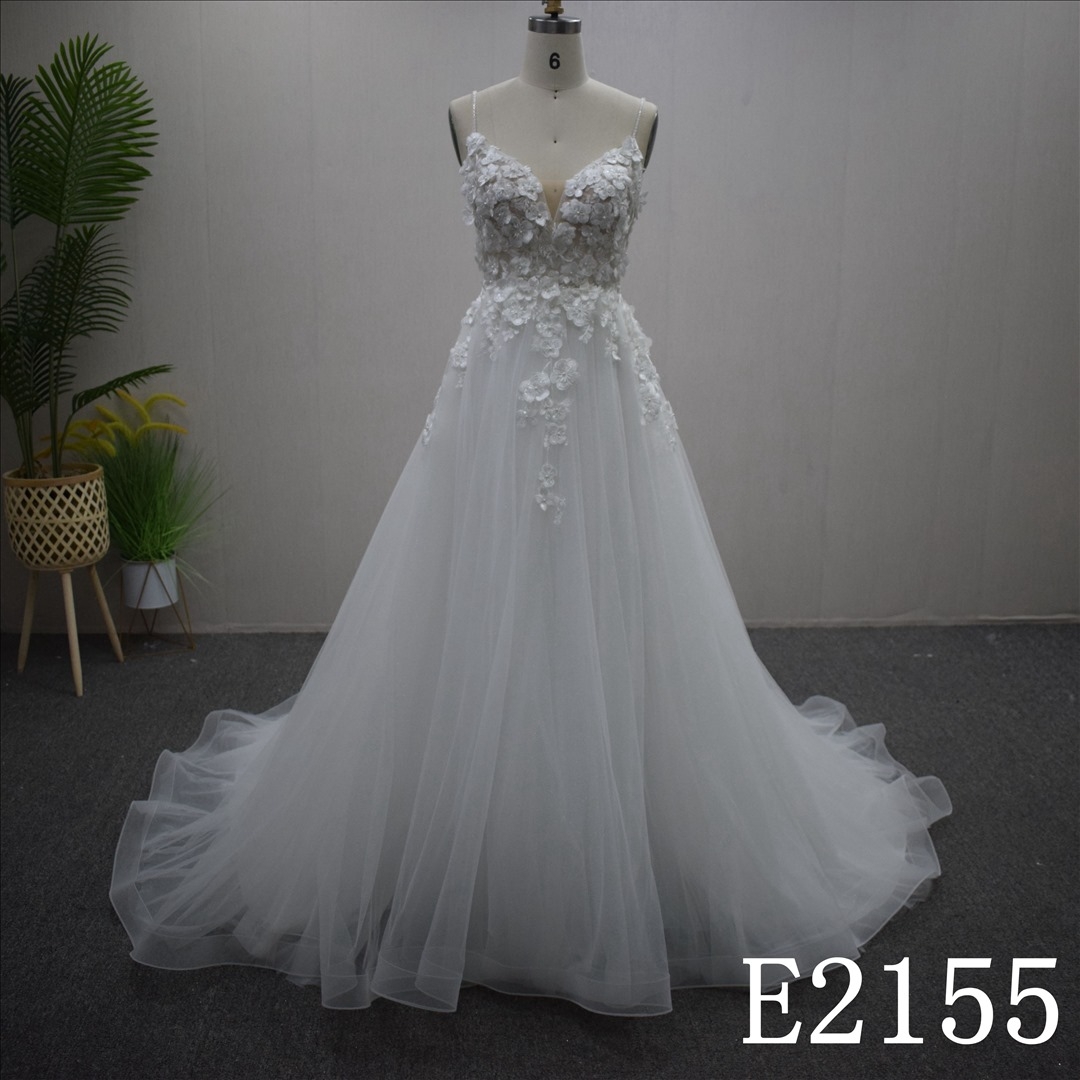 V-neck with Sweep train Lace flower  Hand Made Bridal Dress