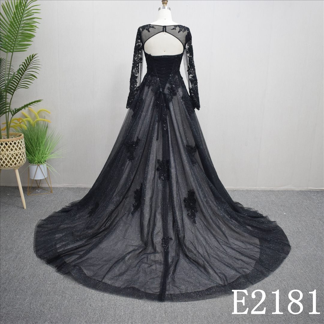 Sexy Backless V-neck Black with Long sleeve Lace Hand Made wedding Dress